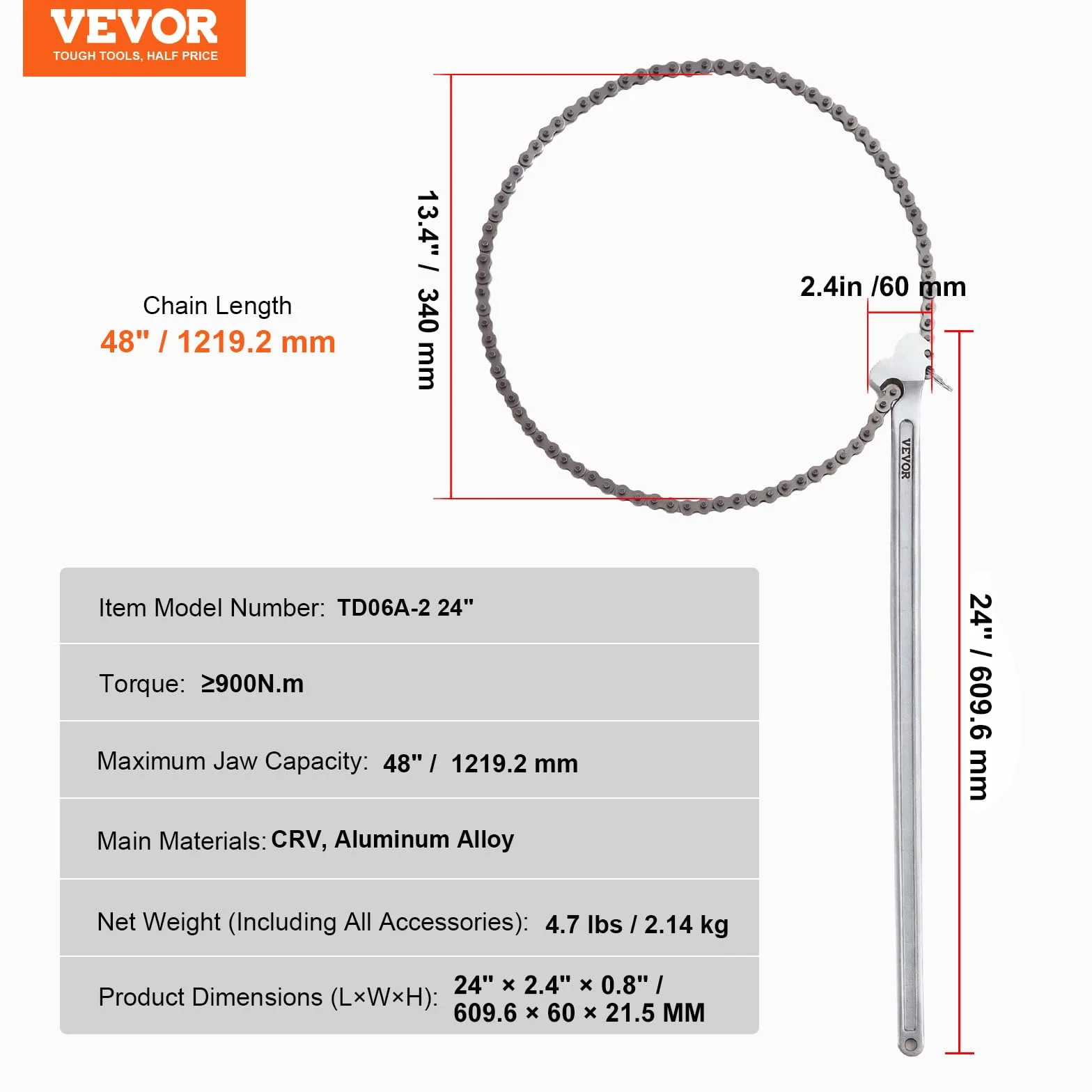 VEVOR Klucz łańcuchowy, klucz do rur łańcuchowych 122 cm, pojemność 34 cm, dwustronny klucz do montażu rur CRV z szczęką o wysokiej wytrzymałości i ergonomicznym uchwytem, do montażu rur i naprawy