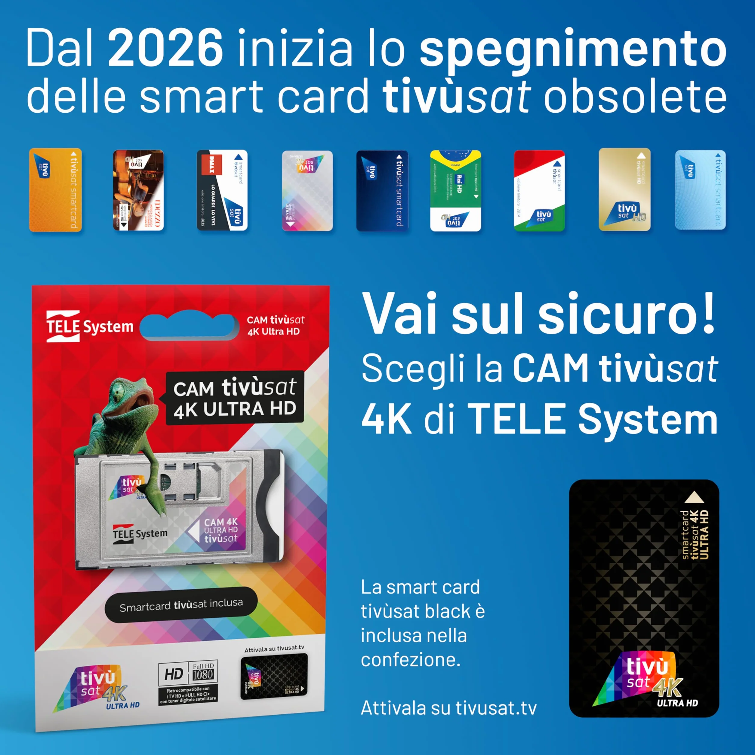 TELE System Tivùsat 4K Ultra HD certyfikowana kamera do oglądania kanałów w wysokiej rozdzielczości i 4K. Slot Cam do telewizora i dekodera, aktywna karta inteligentna w zestawie. Seria A z DAZN na