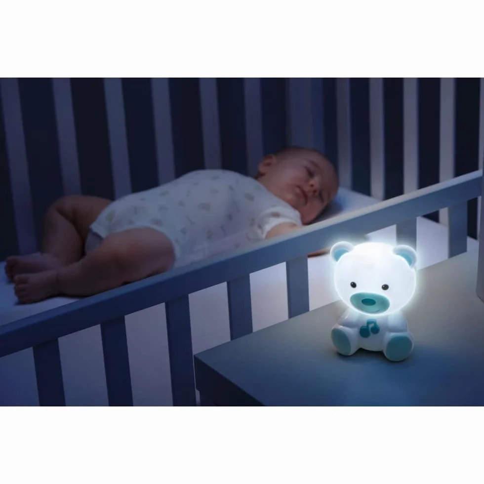 Chicco Lampka Nocna Miś, Przenośna Lampka w Kształcie Misia z Muzyką Klasyczną i Relaksującymi Dźwiękami, Dwa Tryby Ewolucji, Lampka Nocna i Przenośna Lampka Przewodnika, Niebieska, 0m+