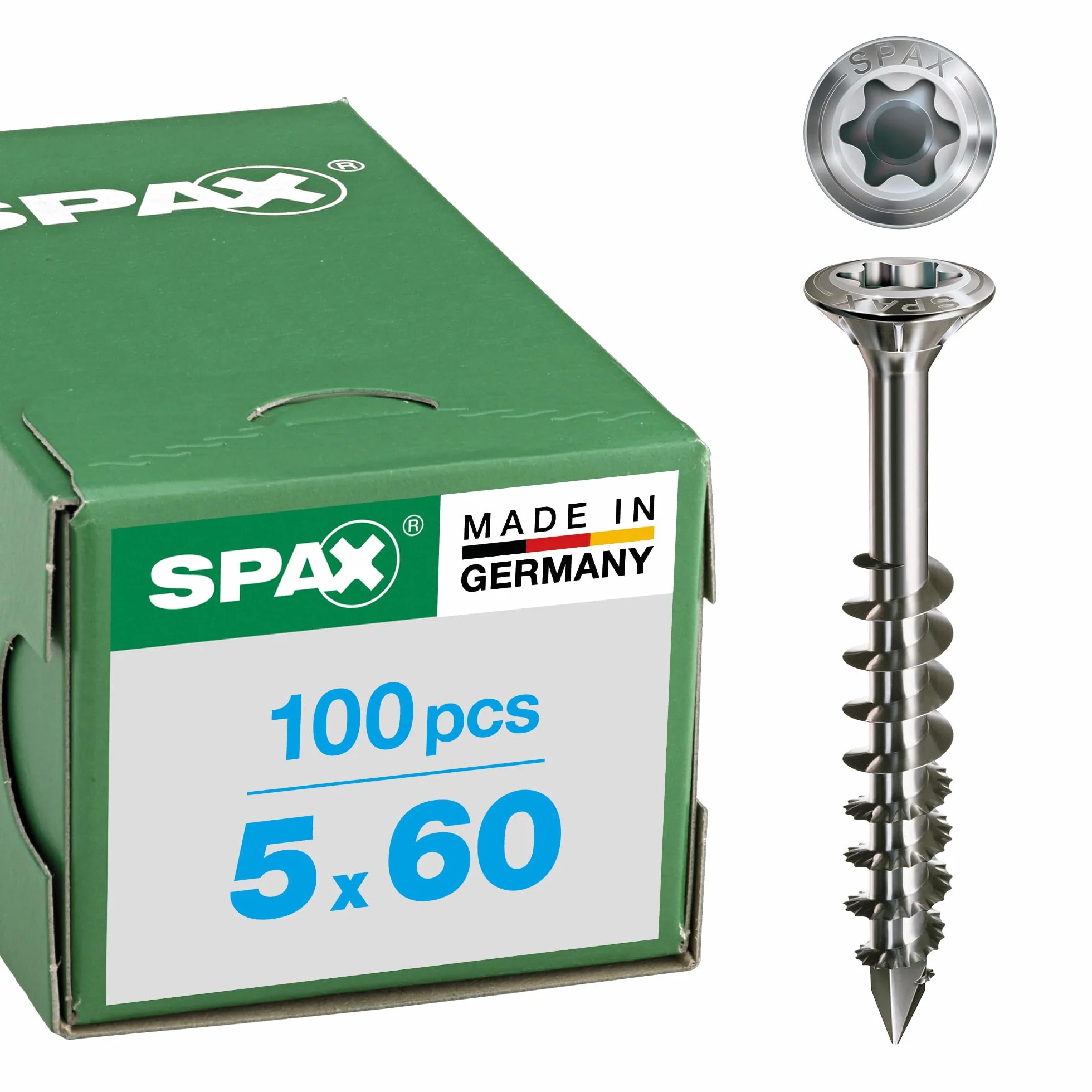 SPAX Śruba fasadowa ze stali nierdzewnej A2, 5,0 x 60 mm, 100 sztuk, T-STAR plus, łeb wpuszczany soczewki, gwint częściowy, końcówka CUT, 25170005006021