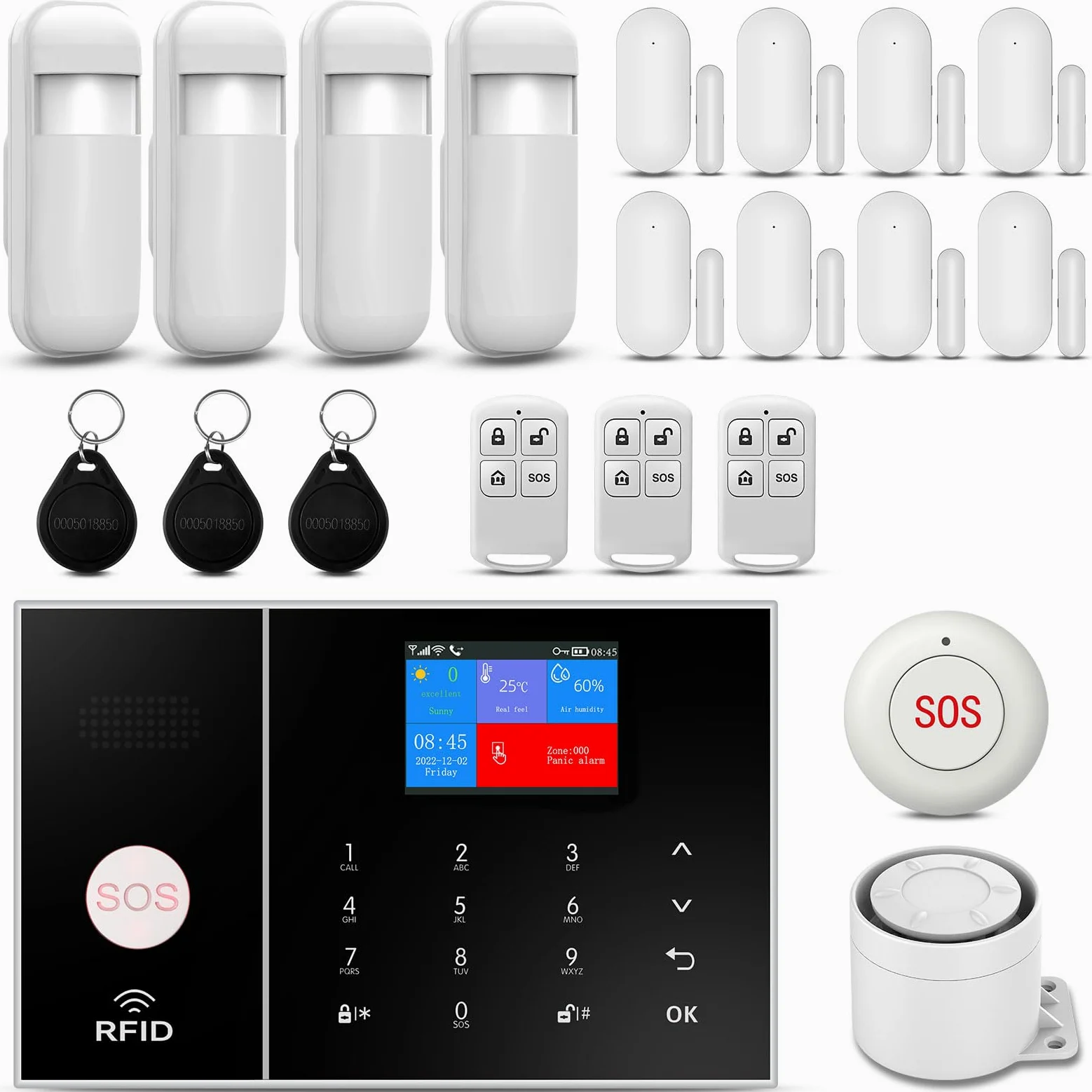 Bezprzewodowy alarm domowy, bezprzewodowy zestaw alarmowy do domu z syreną alarmową 120dB, inteligentny pilot, zaproszenie głosowe, wyświetlacz LCD, bezpieczeństwo w domu, biurze (X108S-EU-E)