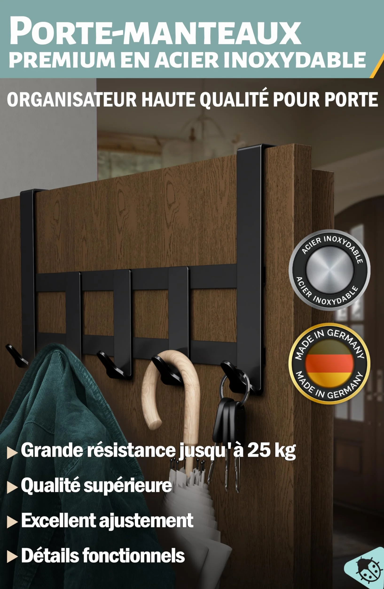 Menz Garderoba na drzwi premium, 5 haczyków – czarna listwa z haczykami, solidne mocowanie na ubrania, wysokiej jakości wieszak na drzwi do zawieszenia