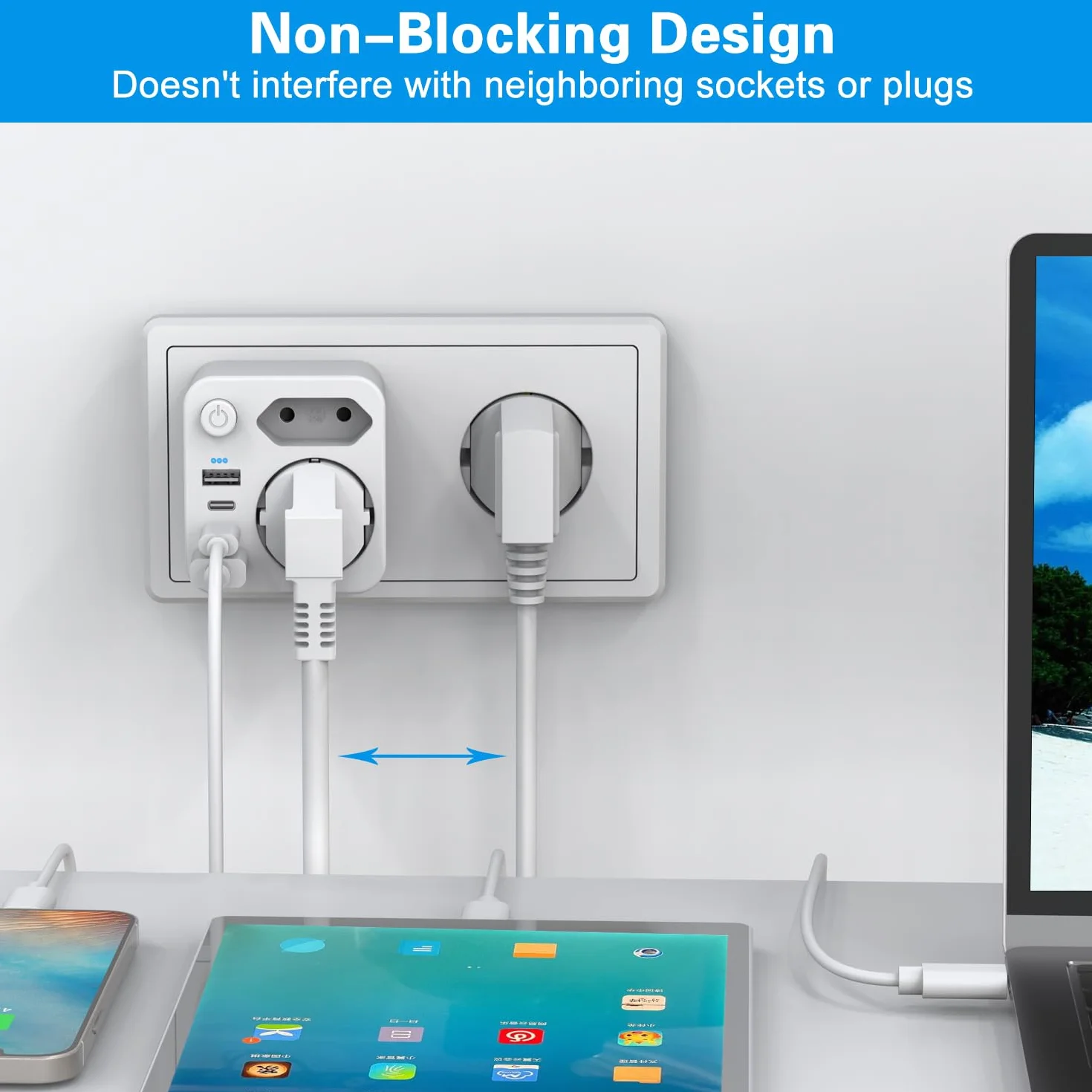 Wielokrotna wtyczka do gniazdka, z USB, podwójna wtyczka do gniazdka, adapter z 2 USB A i 2 USB C (5 V/PD20 W), przełącznik oszczędzania energii