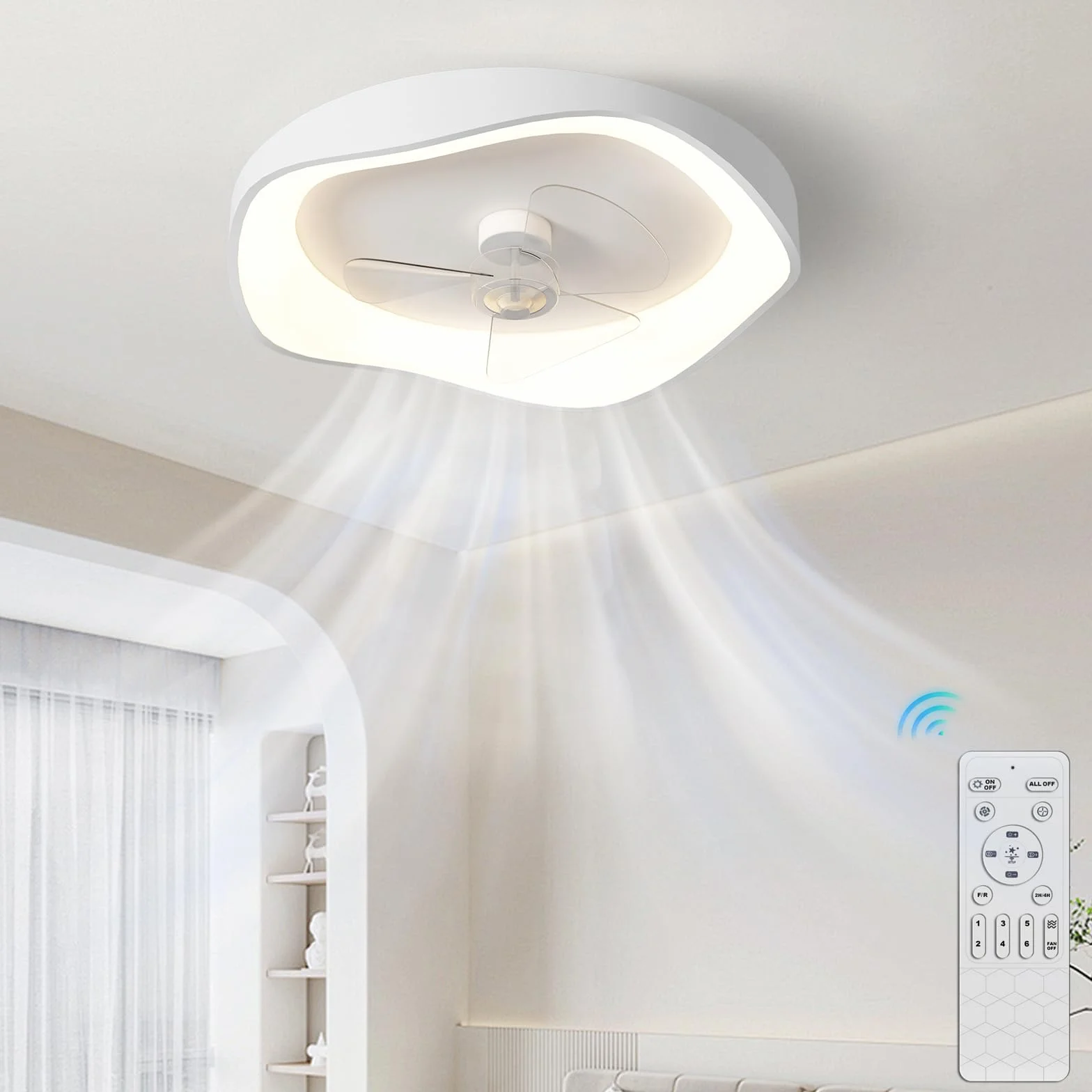 Wentylator sufitowy z oświetleniem, lampa z wentylatorem o średnicy 42 cm, lampa sufitowa z wentylatorem i oświetleniem, z pilotem zdalnego sterowania i aplikacją, 6 prędkości wentylacji, 3 kolory