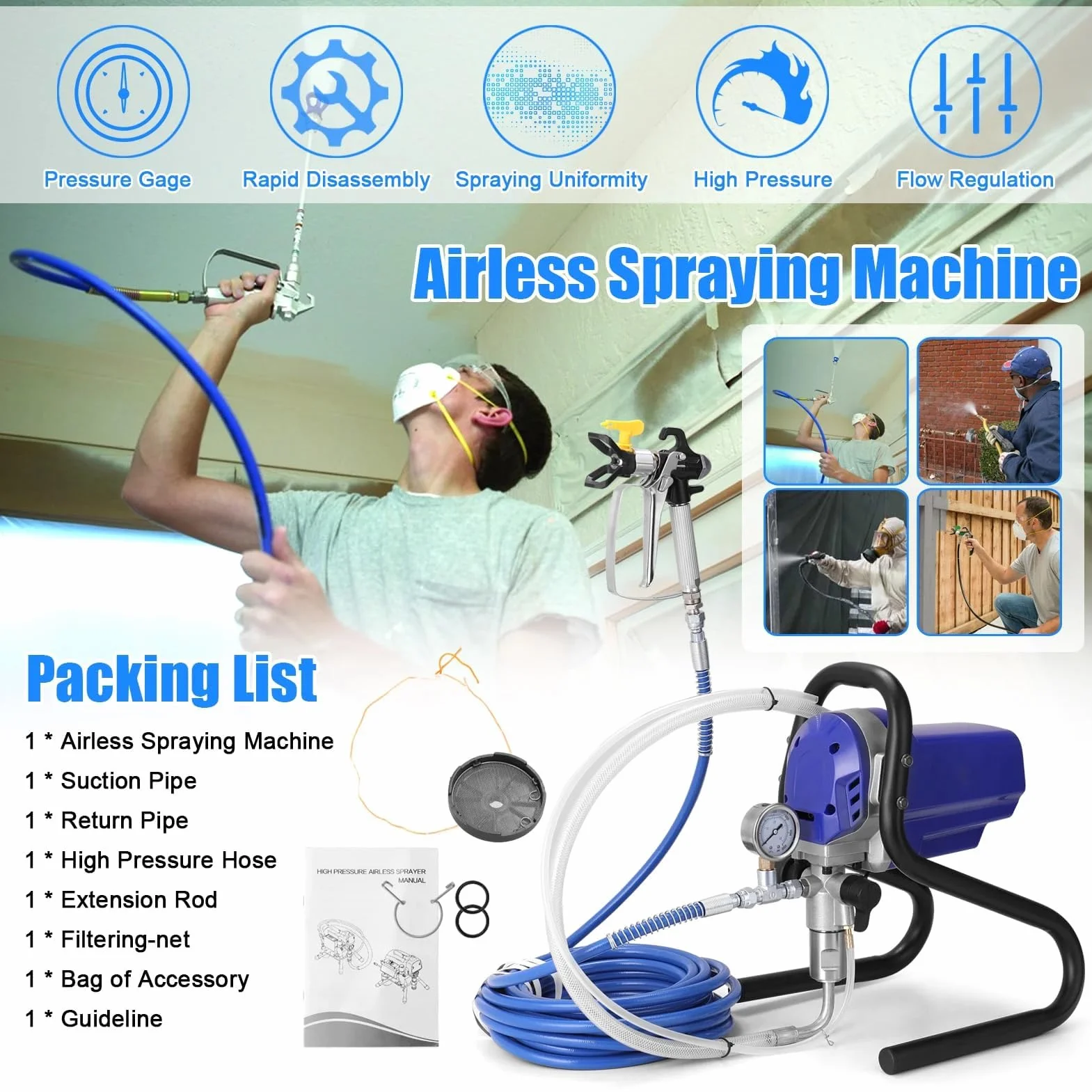 Airless maszyna do malowania natryskowego 750 W, wysokociśnieniowy opryskiwacz z wężem 10 m, regulowany do ścian, sufitów, drewna, metalu – 1,2 l/min łatwe nakładanie farby