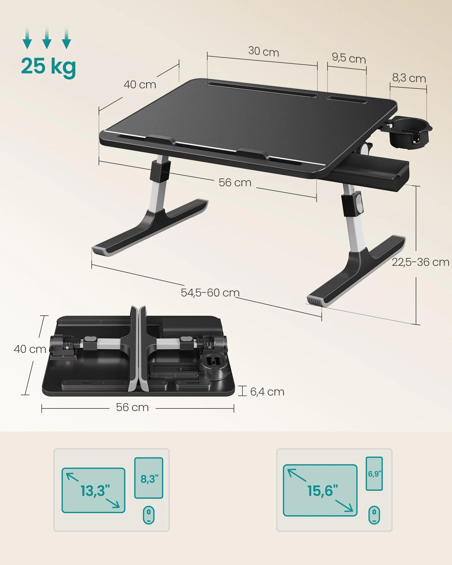 SONGMICS Stolik pod laptopa 56 x 40 cm bezstopniowa regulacja 120° czarny atrament LLD113BC01
