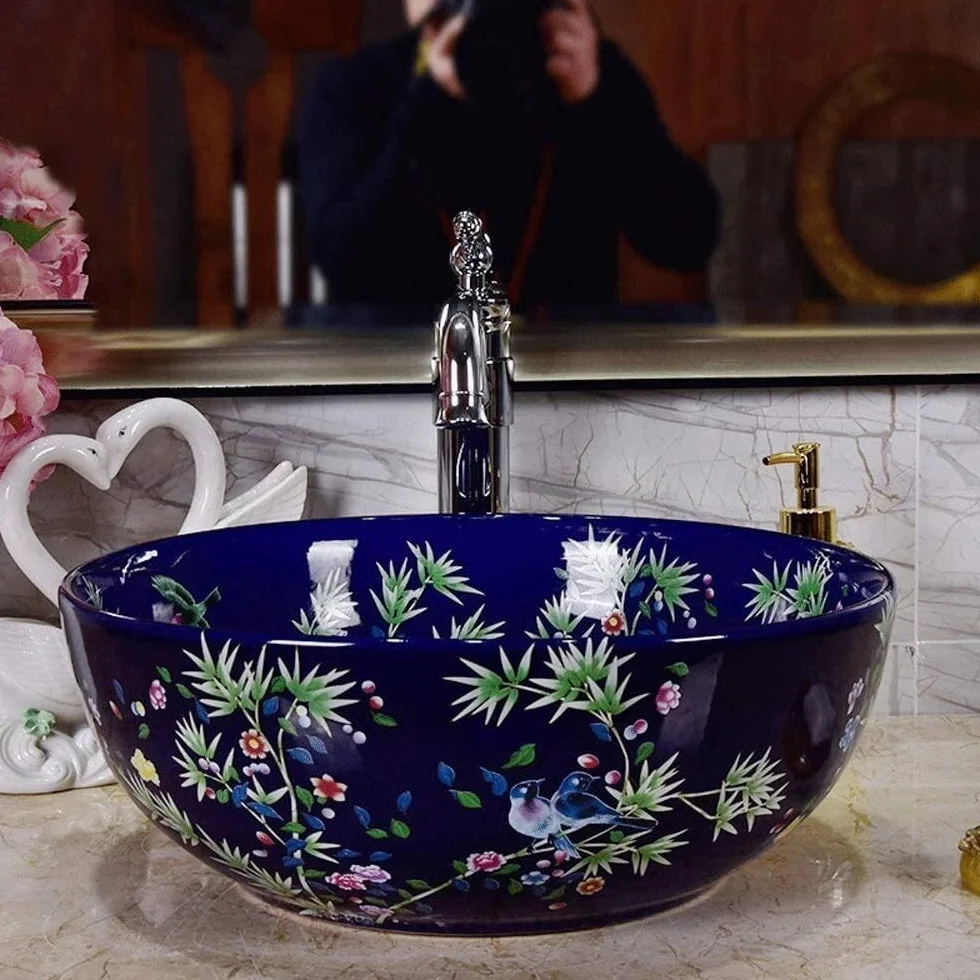 Szafka Pod Umywalkę Z Umywalką, Umywalka Łazienkowa, Umywalka Nablatowa, Umywalka Łazienkowa Ceramiczna Z Motywem Kwiatowym, Umywalka Nablatowa, Umywalka Nablatowa, 40 X 15 Cm