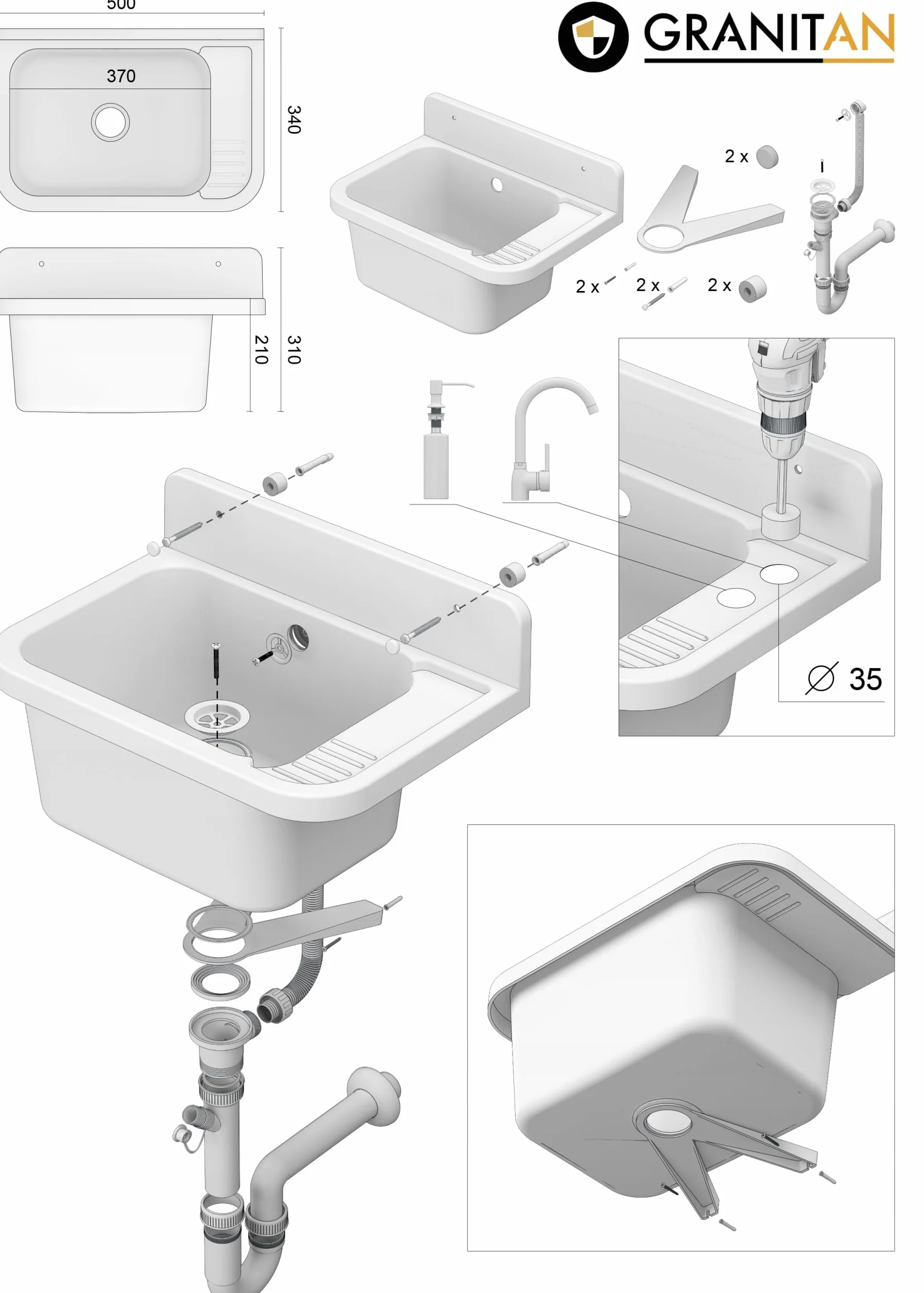 Granitan Umywalka do garażu, piwnicy, warsztatu i pralni – uniwersalne koryto z syfonem – umywalka do montażu na ścianie – 50 x 34 x 31 cm (biała + armatura umywalkowa FLEX)