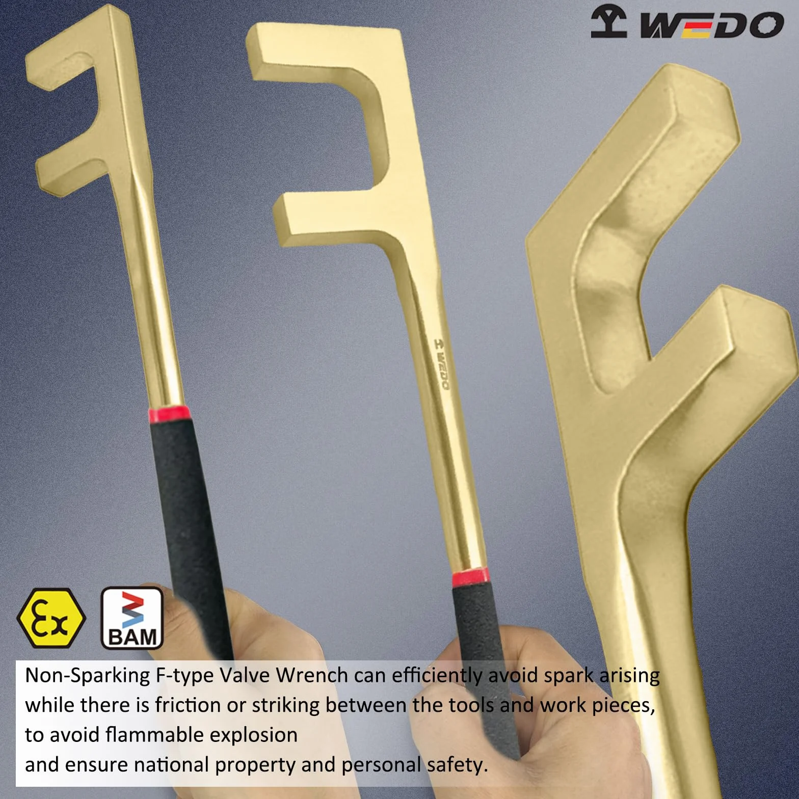 WEDO Klucz do uchwytu zaworu nieparkingowego typu F z plastikowym uchwytem, klucz bezpieczeństwa bez iskier, brąz aluminiowy, standard DIN, certyfikat BAM i FM, 1,18 cala, szerokość 30 mm
