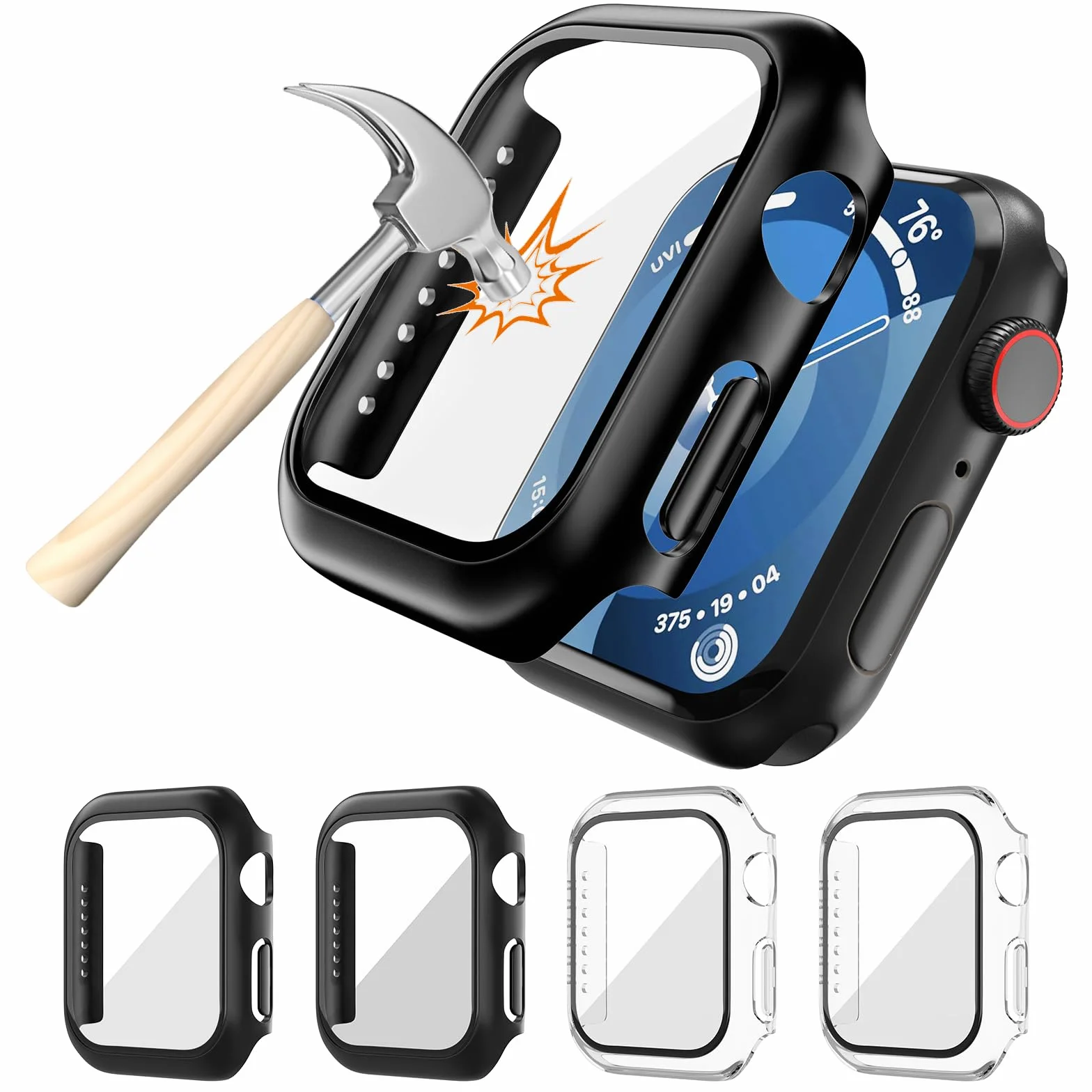 Etui ochronne do Apple Watch SE2/SE/6/5/4 44 mm, twarde z poliwęglanu ze szkłem hartowanym, 2 czarne