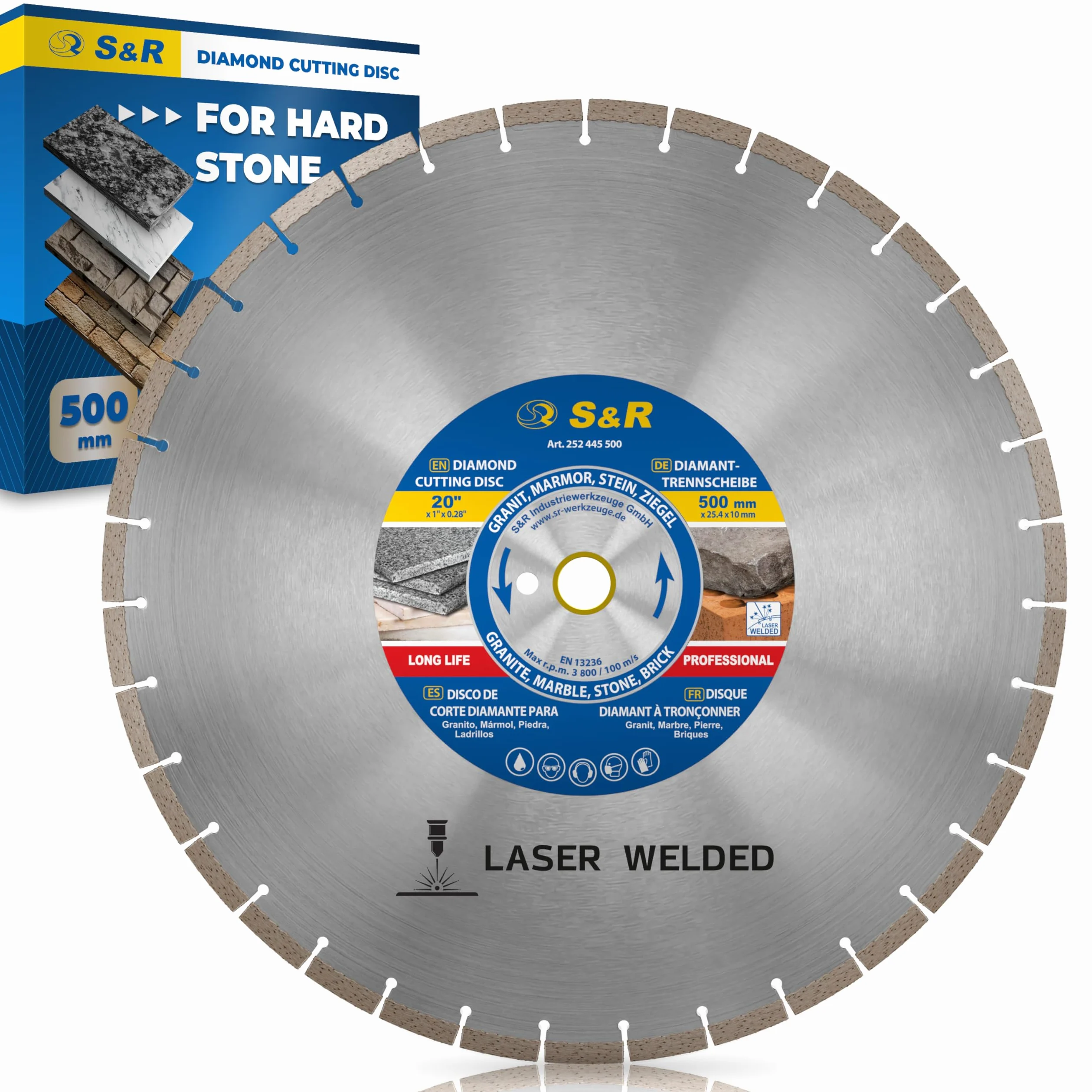 S&R Diamentowa tarcza tnąca 500 x 25,4 mm, spawana laserowo, jakość przemysłowa, podwójna żywotność kamienia naturalnego, sztucznego kamienia, marmuru, granitu, twardej cegły, do pił silnikowych, pił