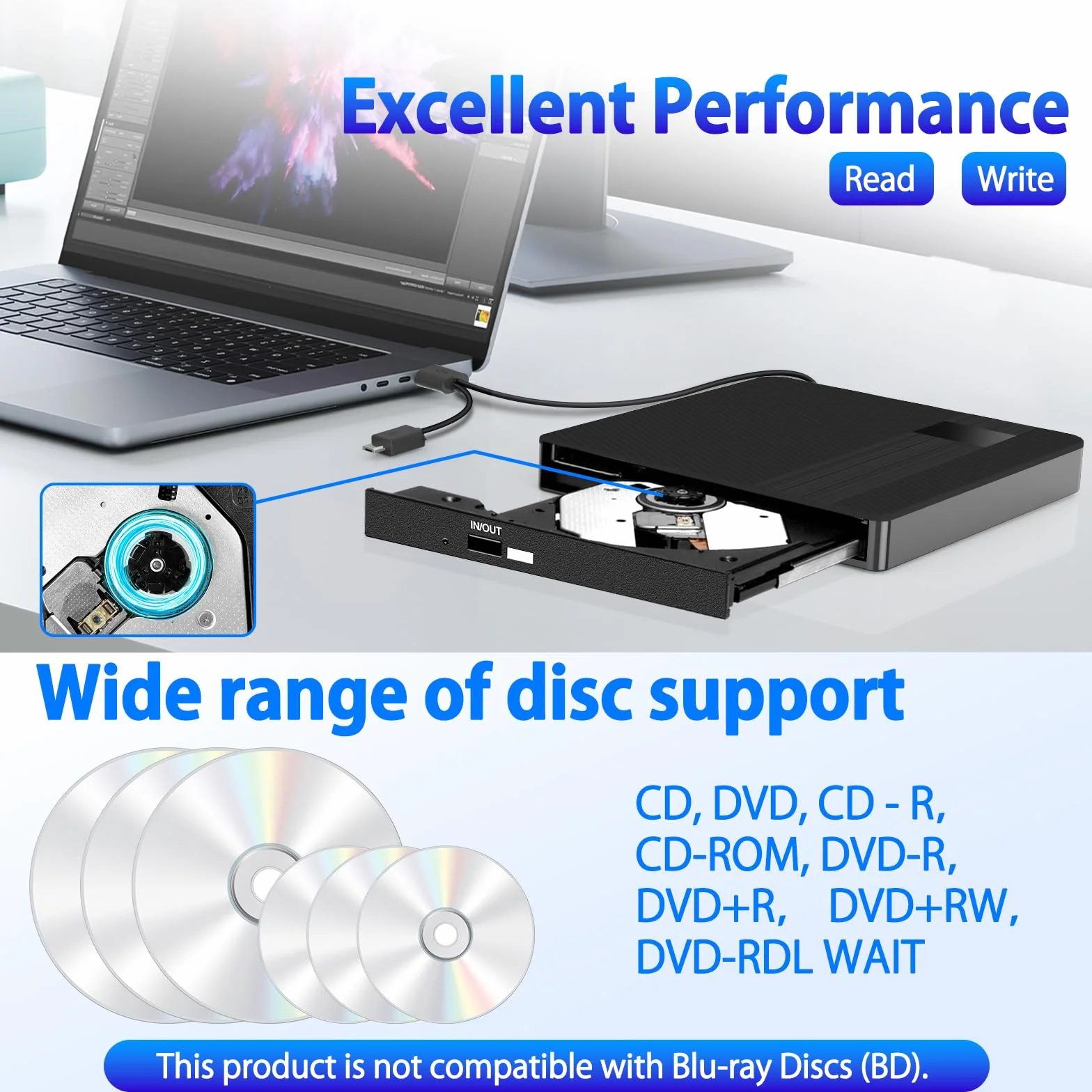 Zewnętrzny Odtwarzacz CD DVD z USB 3.0 Type-C Przenośny Czytnik Dysków CD DVD +/- R/RW Podłącz i graj działa z PC, Laptopami, Mac OS, Windows 11/10/8/7/XP i Linux