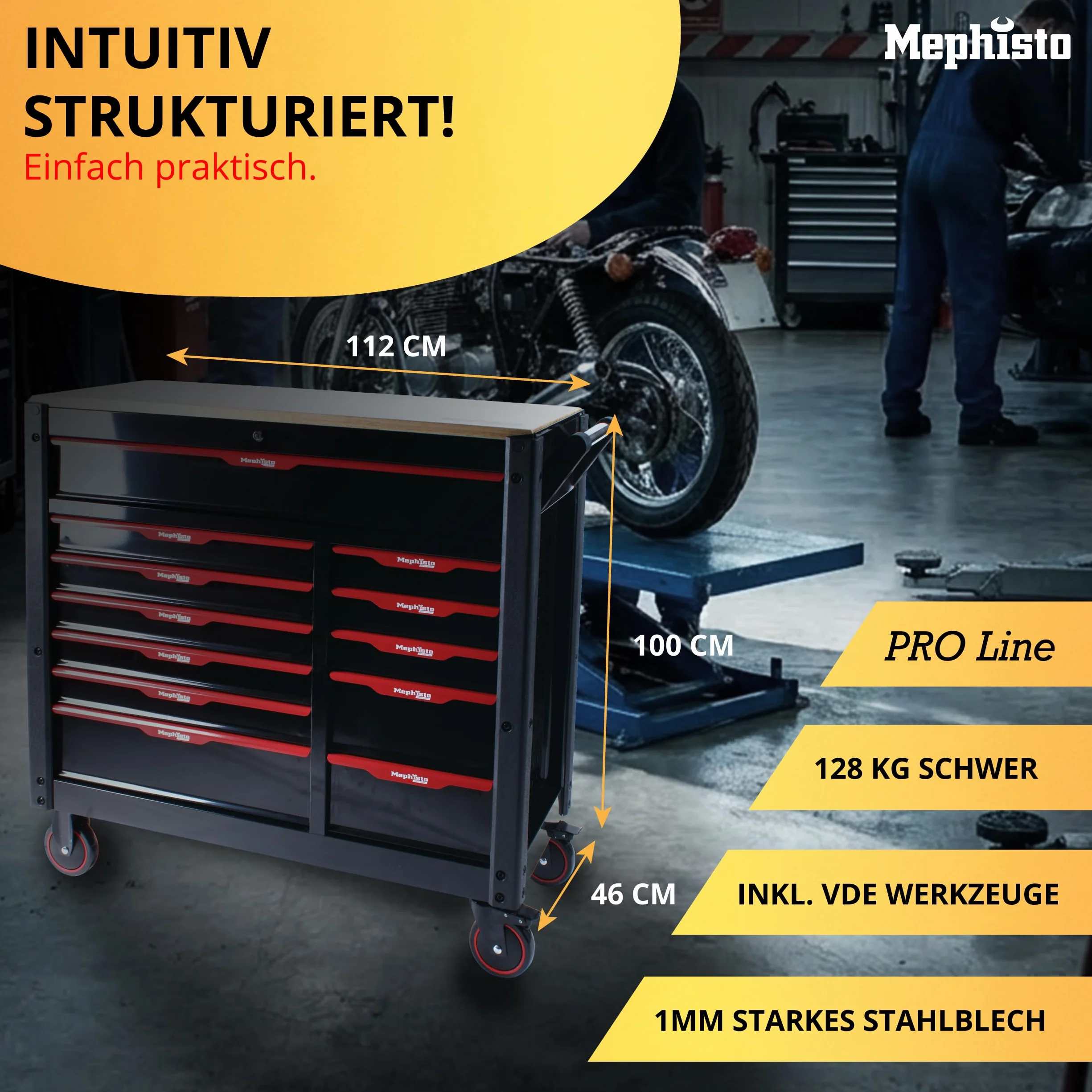 Mephisto Pro-Line duży wózek warsztatowy z 12 szufladami, w tym 11 w zestawie narzędzia takie jak śrubokręt VDE, grzechotka z skrzynką na orzechy, zestaw wkrętaków z miękką wkładką z włókna węglowego