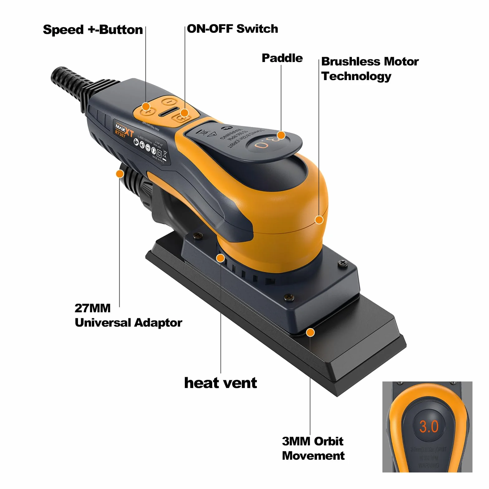 3,0 mm MAXXT 350 W, bezszczotkowa szlifierka mimośrodowa, regulowana prędkość 4000-10000/obr./min, automatyczne hamulce 2s, automatyczne zbieranie kurzu, powierzchnia szlifierska 198x70mm, 10 arkuszy