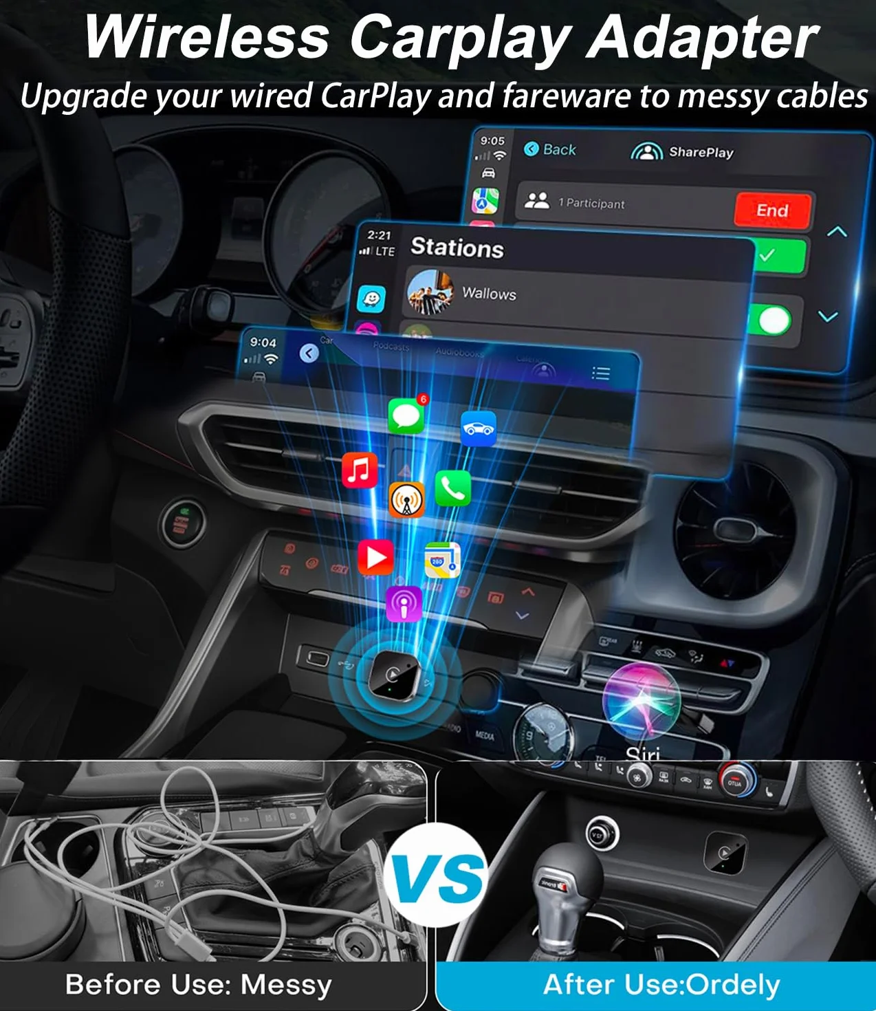 Bezprzewodowy adapter CarPlay 2025 Android samochodowy mini stabilny klucz sprzętowy iOS 10 Android 11 czarny