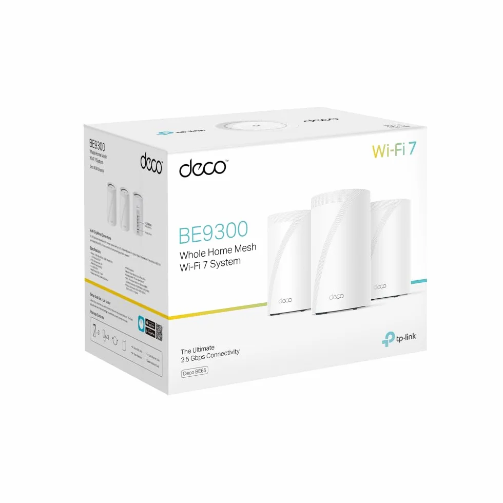 TP-Link Deco BE65 Wi-Fi 7 Mesh WLAN Set (3 szt.) Tri-Band 6G 320 MHz MLO 4x 2.5 G port USB 3.0 WPA3 Biały