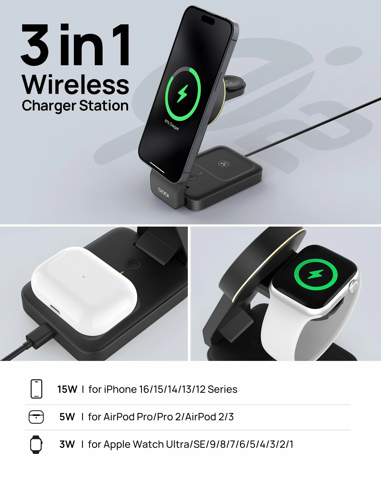 SODI Bezprzewodowa stacja ładująca 3 w 1 Qi2 15 W składana do iPhone 16/15/14/13/12 AirPods Apple Watch