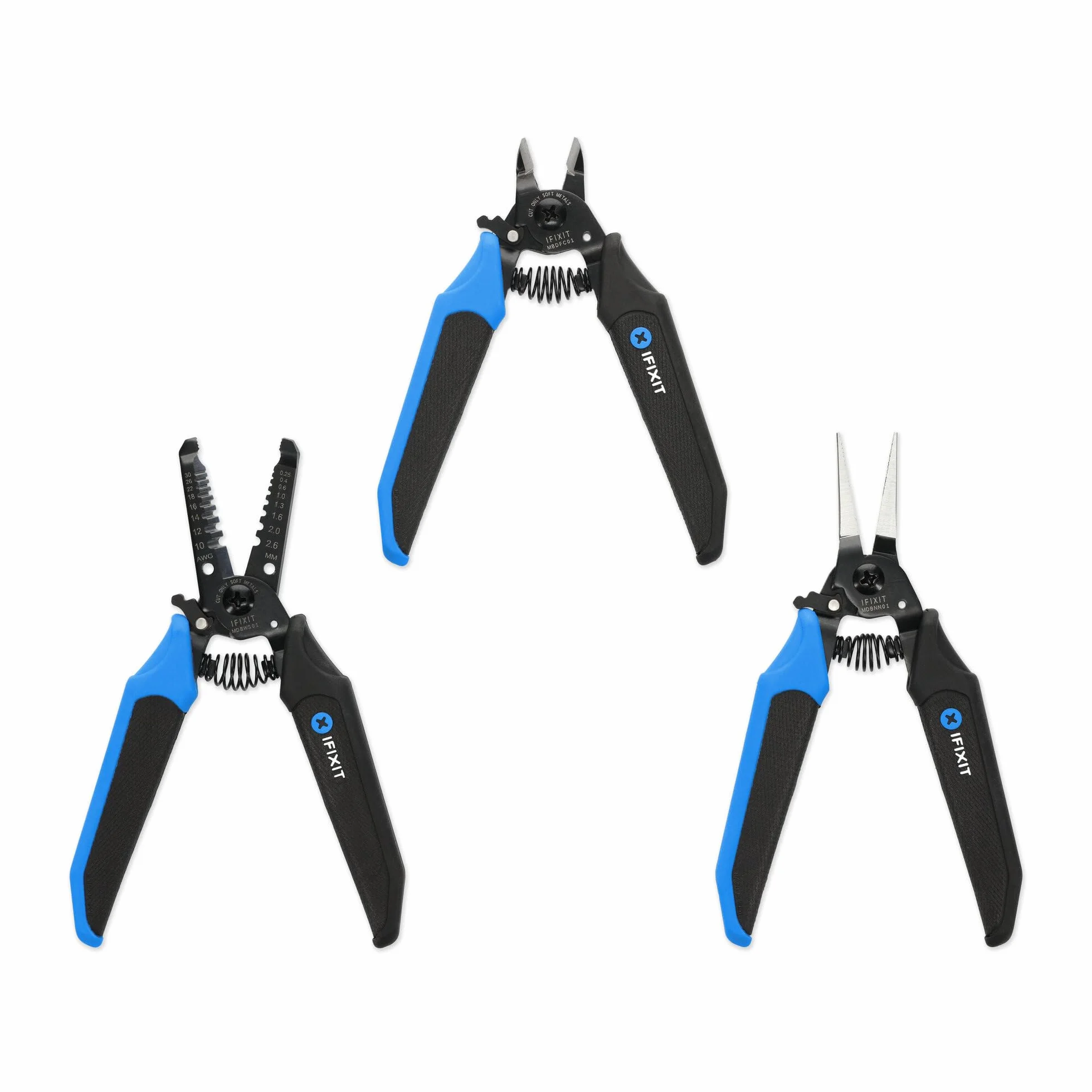 Zestaw 3 szczypiec iFixit Mandible – szczypce do przecinania przewodów, szczypce do zdejmowania izolacji, szczypce igłowe do lutowania (naprawy) elektroniki