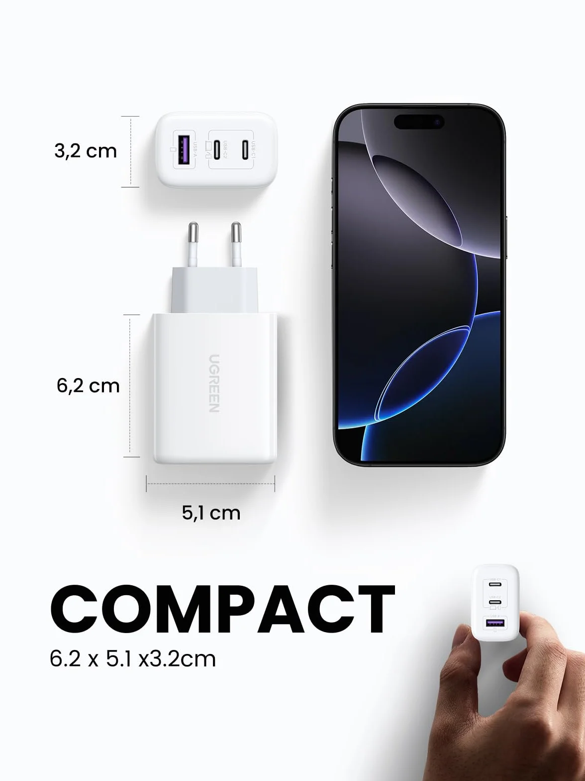 UGREEN 65W 3-portowa szybka ładowarka USB C kompatybilna z MacBook Pro, iPhone, Galaxy S23 Ultra, S22, S21 (Biały)