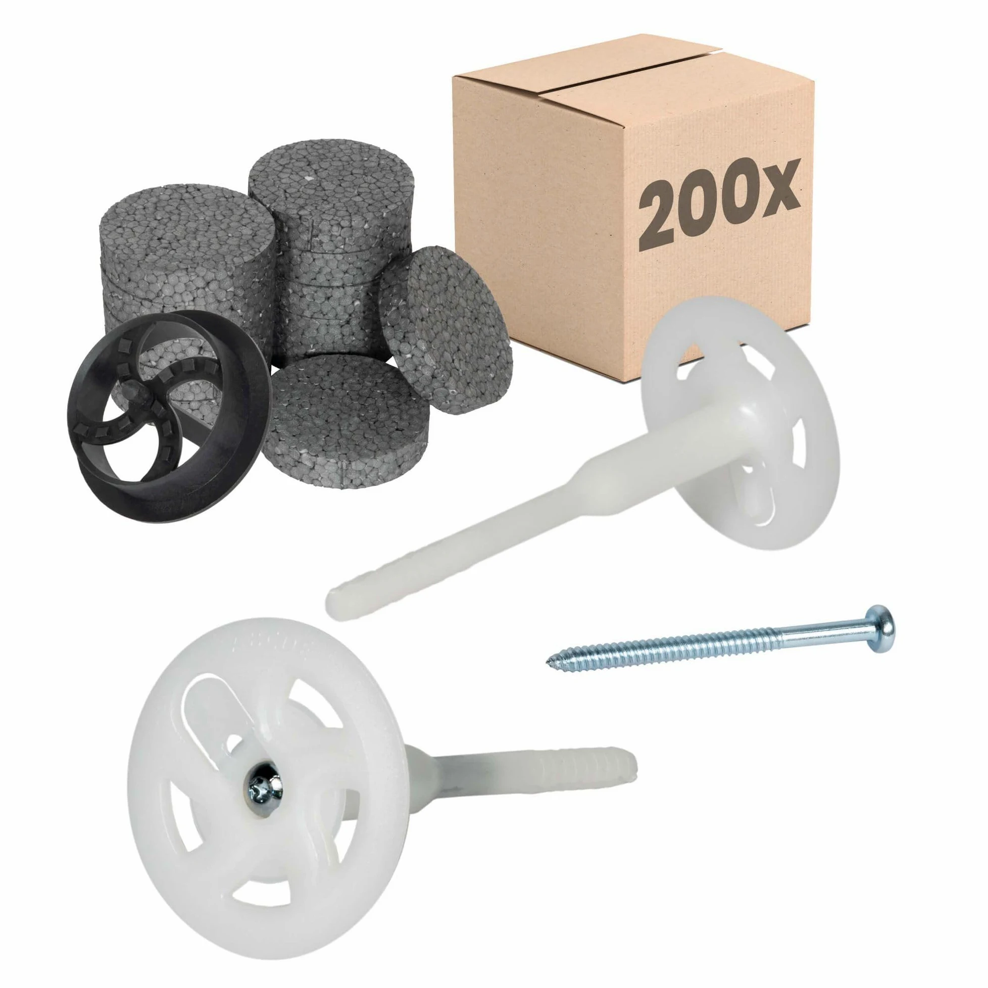 PROTEKTOR 200x Kołek wkręcany izolacji, 200x podkładki+frez Ø8 x 160mm | Kołek do systemu ociepleń (ETICS) do izolacji elewacji, do styropianu i wełny mineralnej, kołek talerzowy