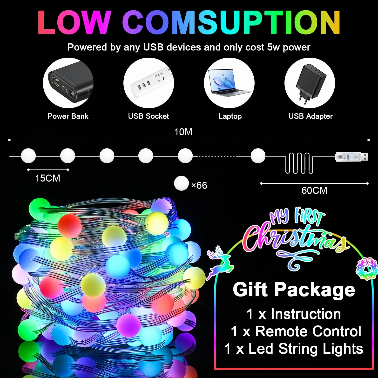 GuKKK Światła na choinkę, łańcuch świetlny RGB z 66 lampkami LED, sterowanie za pomocą aplikacji i pilota, wodoodporne oświetlenie bożonarodzeniowe do ogrodu, na imprezę (10 m, bombka)