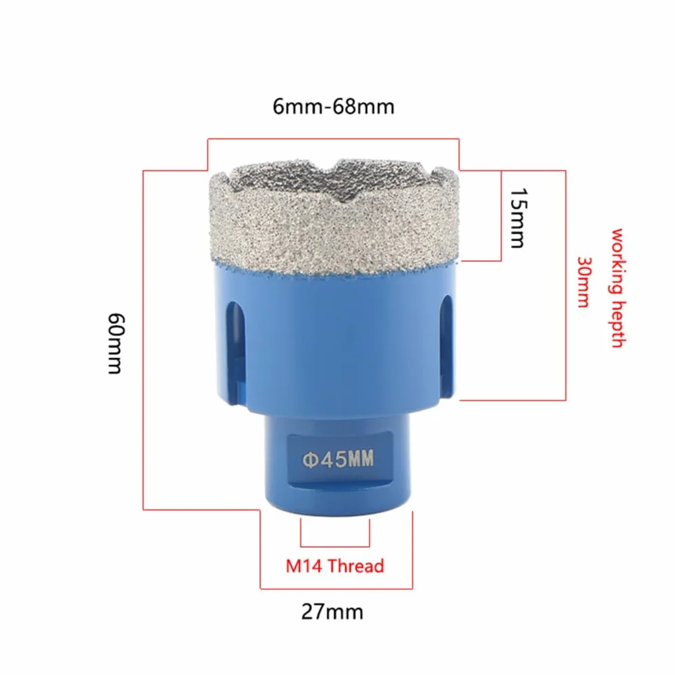 Wiertła lutowane na sucho 6mm-68mm Gwint M14 Lutowane wiertło diamentowe na sucho Otwornica Płytka ceramiczna Granit Marmur Narzędzia do otwierania otworów, 45MM