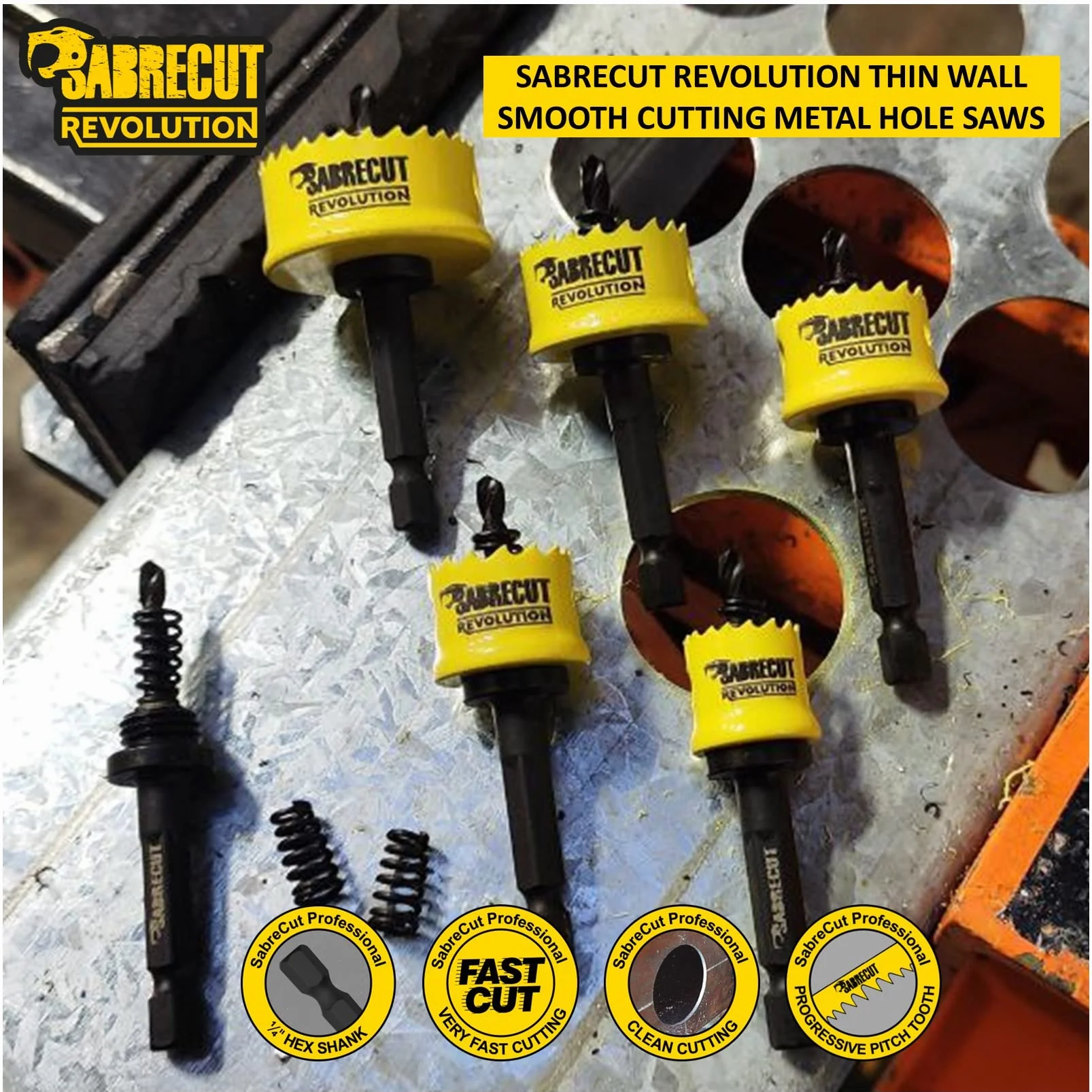 SabreCut 6pcs HSMK5A 16mm 20mm 22mm 25mm 32mm HSS M42 Kobalt Otwornica Kit | M42 cobalt cięcie edges i progressive teeth zapewniają szybkie, gładkie i trwały hole cięcie w sheet steel, drewno i plastiku