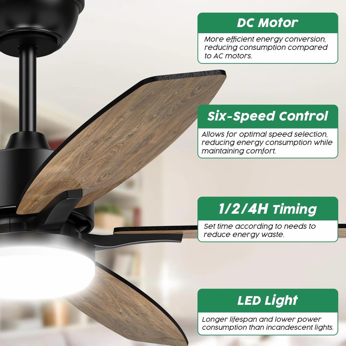 Wentylator sufitowy z oświetleniem i pilotem zdalnego sterowania, cichy, 106 cm, wentylator sufitowy z lampą LED z 5 drewnianymi łopatkami, rysunek słojów drewna/czarny, do sypialni, salonu