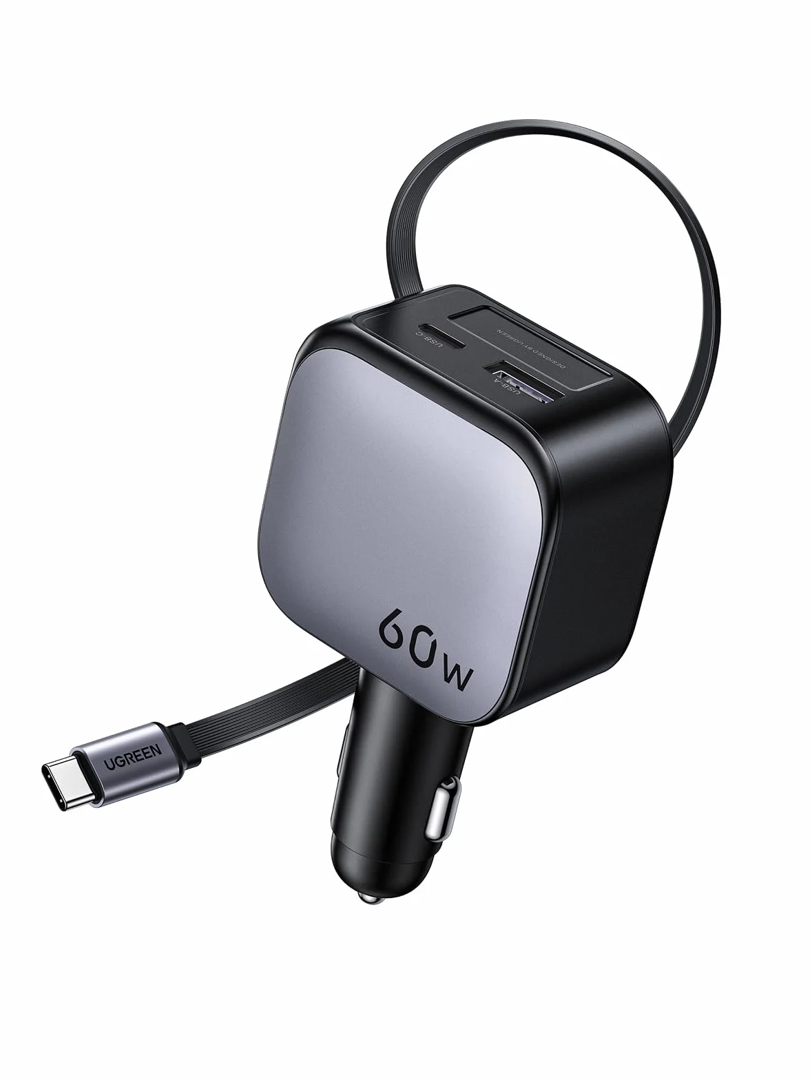 UGREEN 3-portowa zapalniczka samochodowa 60W Chowana ładowarka USB C 12V do iPhone 17/16/15 Galaxy S25/24
