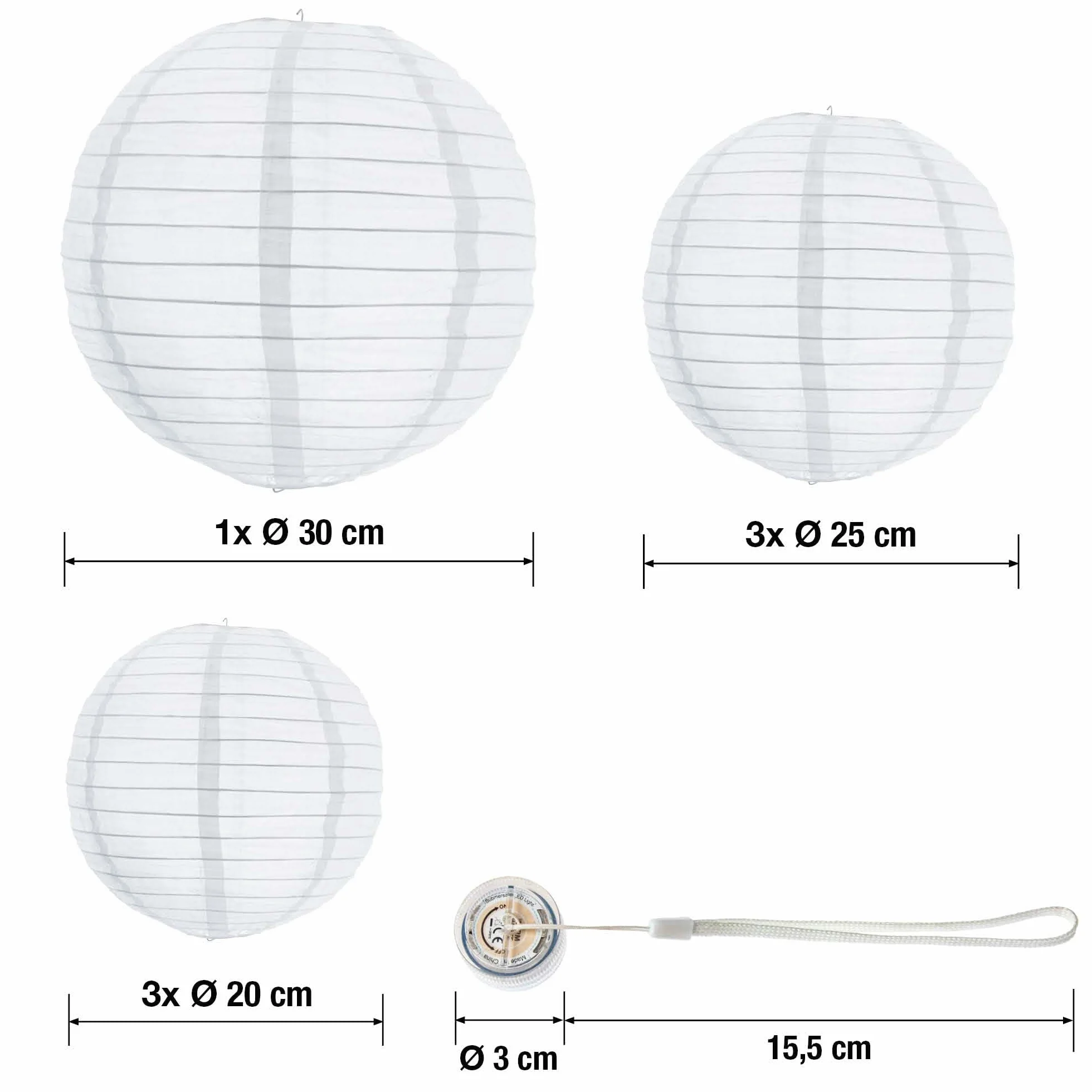 Hellum Lampiony zewnętrzne, odporne na warunki atmosferyczne, zestaw 7 szt. z diodami LED o ciepłej białej barwie światła i baterią, 1 x Ø 30 cm, 3 x Ø 25 cm, 3 x Ø 20 cm, lampiony białe z pilotem
