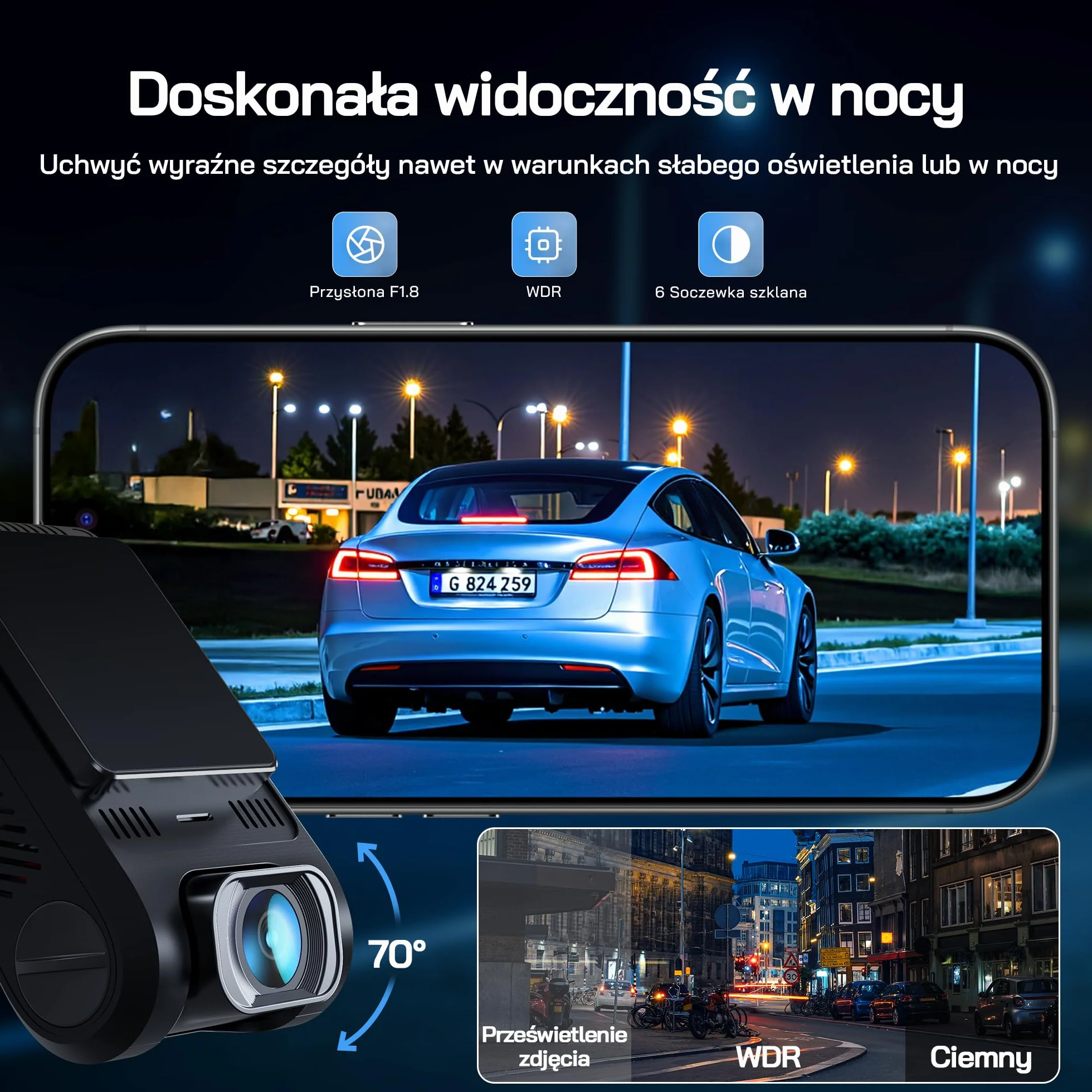 Kamera samochodowa WOLFANG 2.5K Wi-Fi 32GB podwójna z noktowizorem nagrywanie w pętli czujnik G szeroki kąt 170