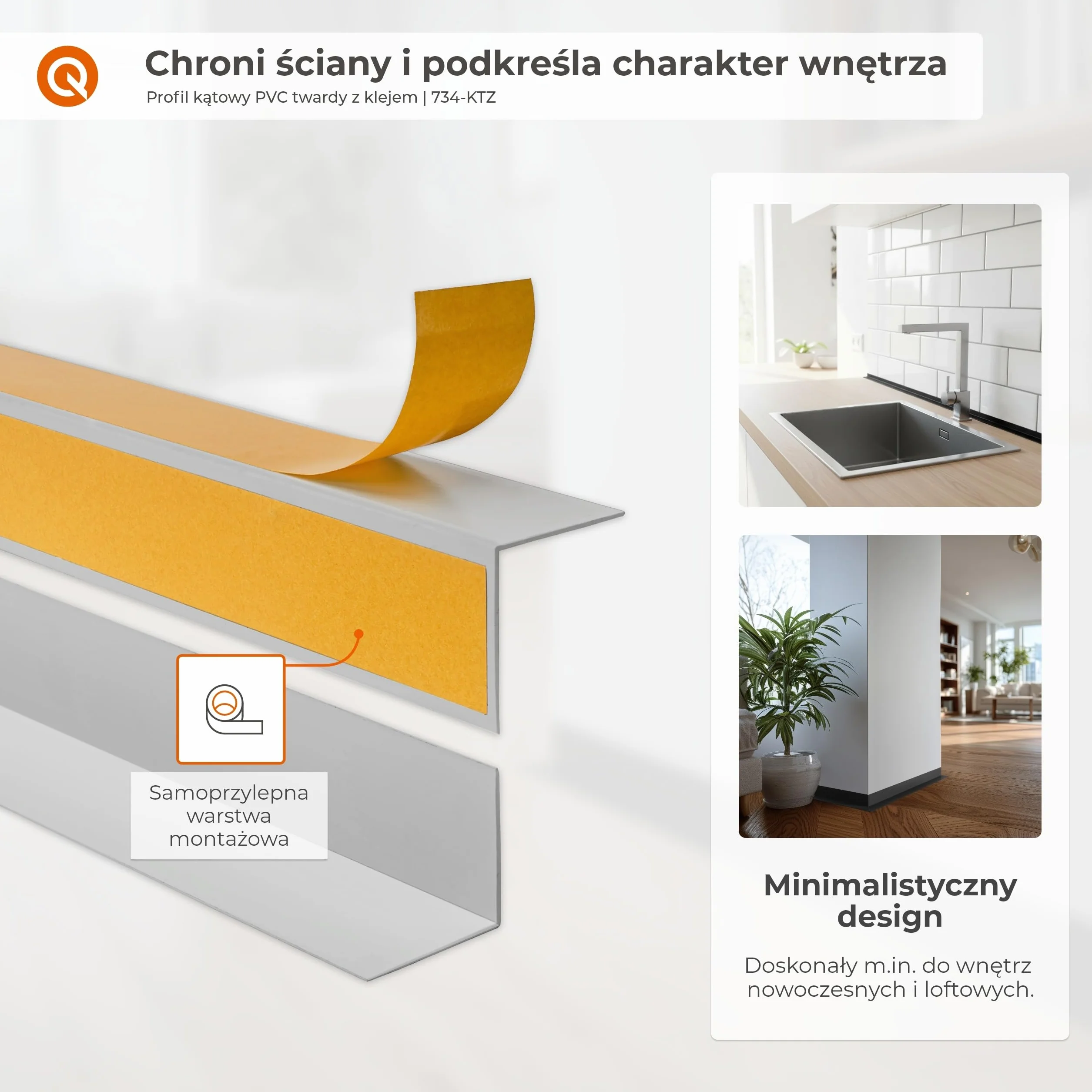 QUEST Kątownik twardy PVC 15x15 mm samoprzylepny, klejony po zewnętrznej stronie, ozdobny profil L kątowy, ciemnoszary, 100 cm