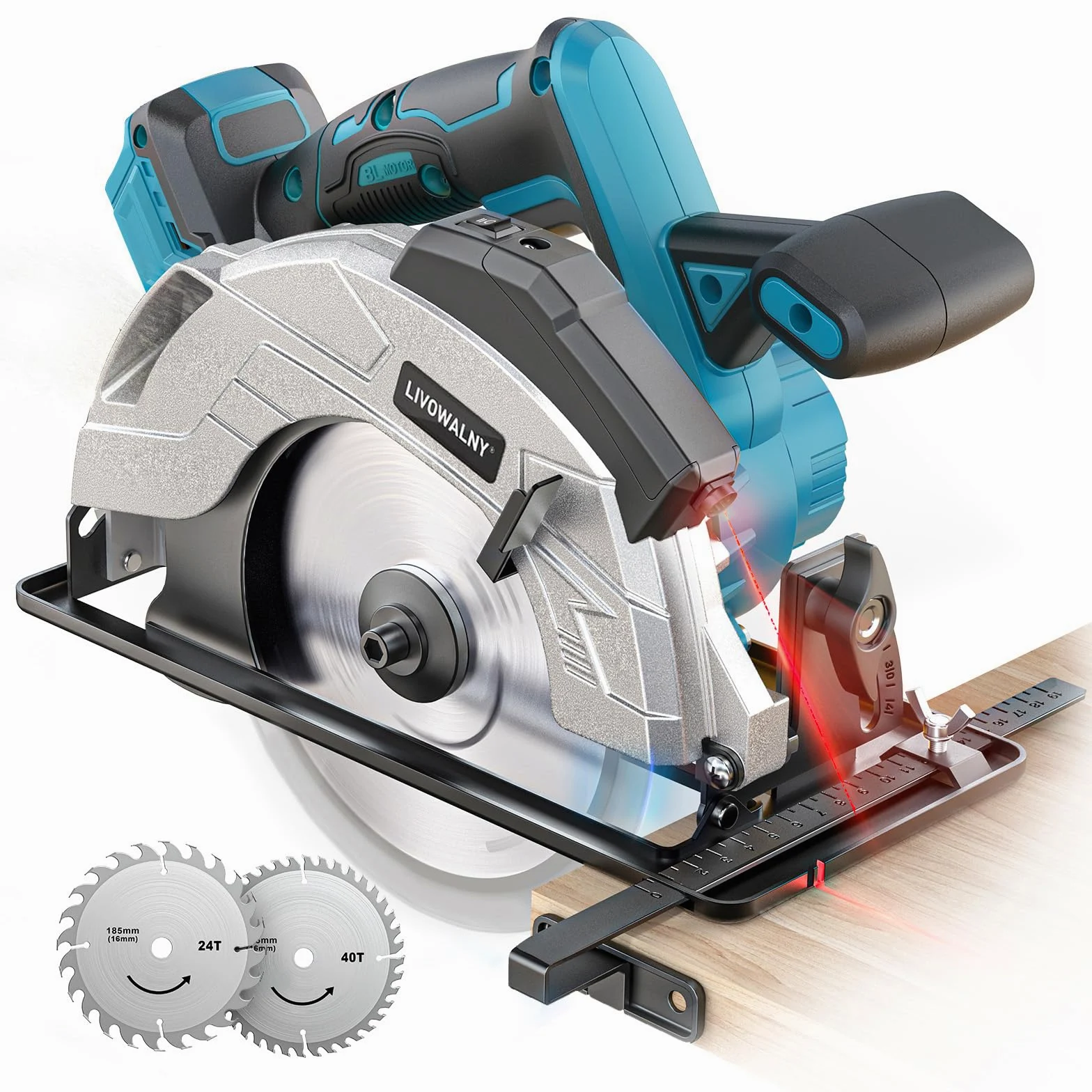 LIVOWALNY Ręczna piła tarczowa kompatybilna z akumulatorem Makita 18 V, akumulatorowa piła tarczowa 66 mm z brzeszczotem Ø 165 x Ø 20 mm, beznarzędziowa regulacja głębokości cięcia + kąta nachylenia