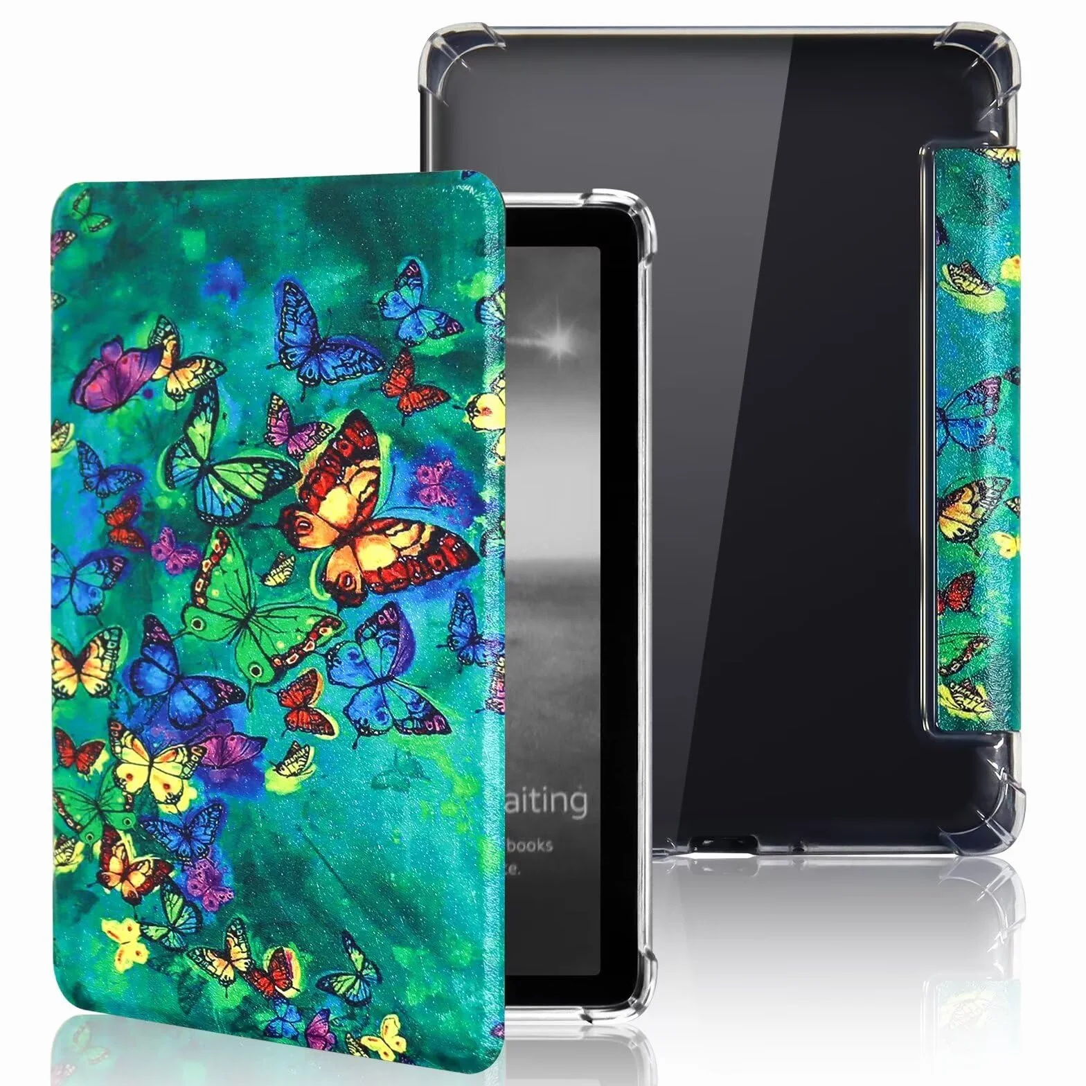 MOKASE Etui Fit for 7 calo Kindle Paperwhite (12. generacja, 2024) i Kindle Colorsoft Signature Edition, elastyczny przezroczysty zderzak z TPU ze skóry PU z funkcją Auto Wake/Sleep, Green Butterflies