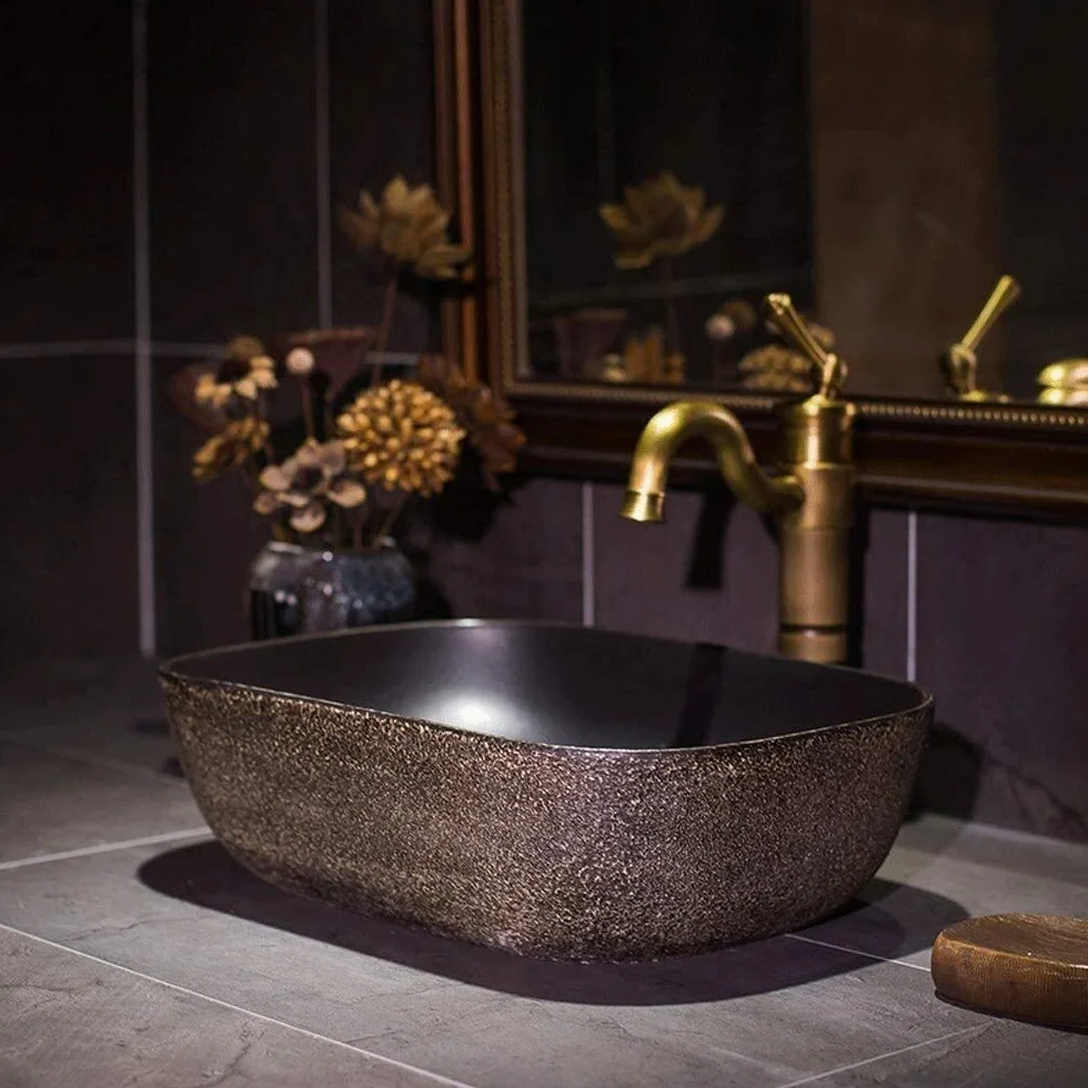 Szafka Pod Umywalkę Z Umywalką, Umywalka Nablatowa, Umywalka Nablatowa W Stylu Vintage, Czarna, Prostokątna, Porcelanowa, Ceramiczna, Umywalka Nablatowa