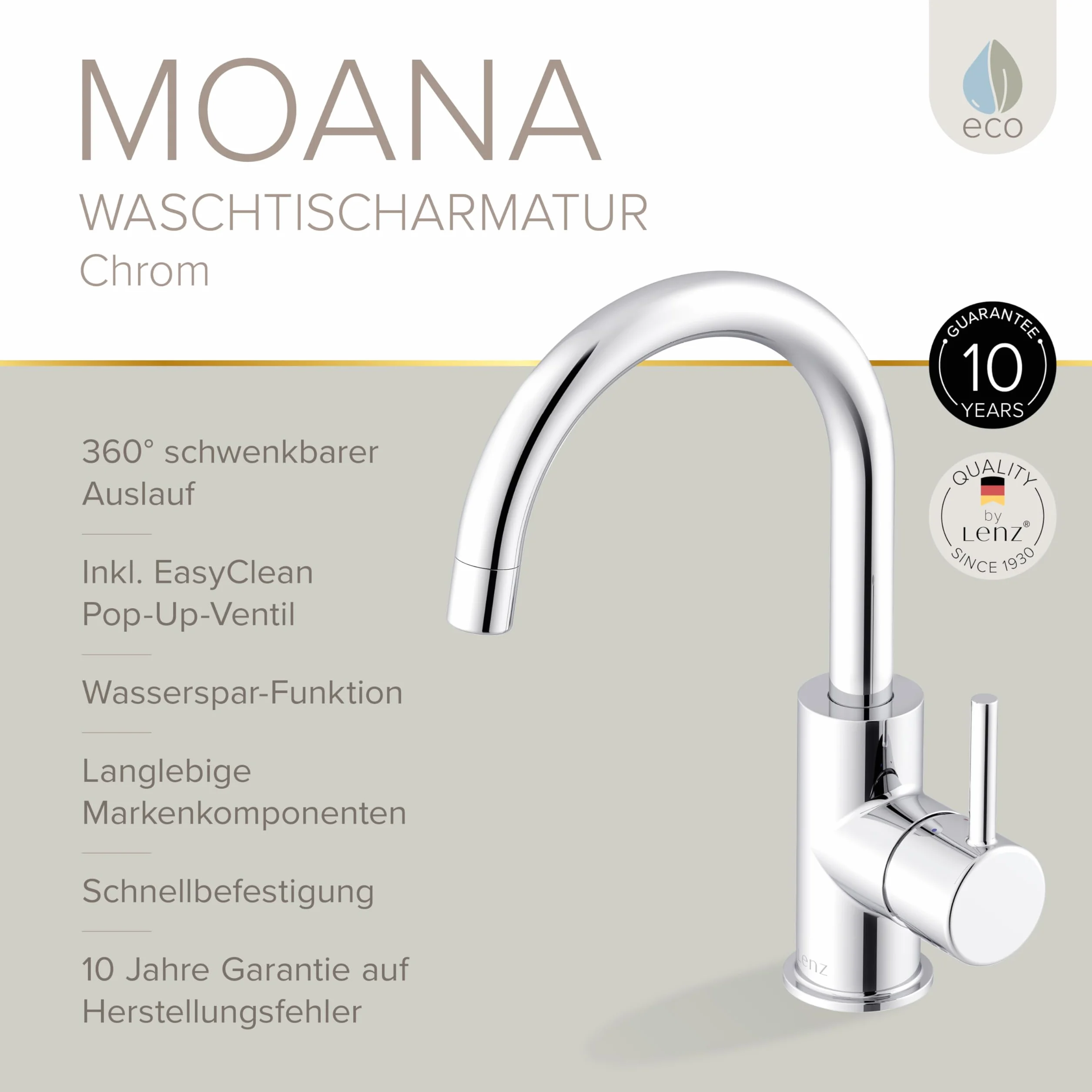 Lenz Armatura umywalkowa MOANA w kolorze chromu – oszczędność wody dzięki wysokiej jakości markowej dyszy mieszającej – łatwa instalacja i czyszczenie – wylot łukowy obracany o 360° – 46012302