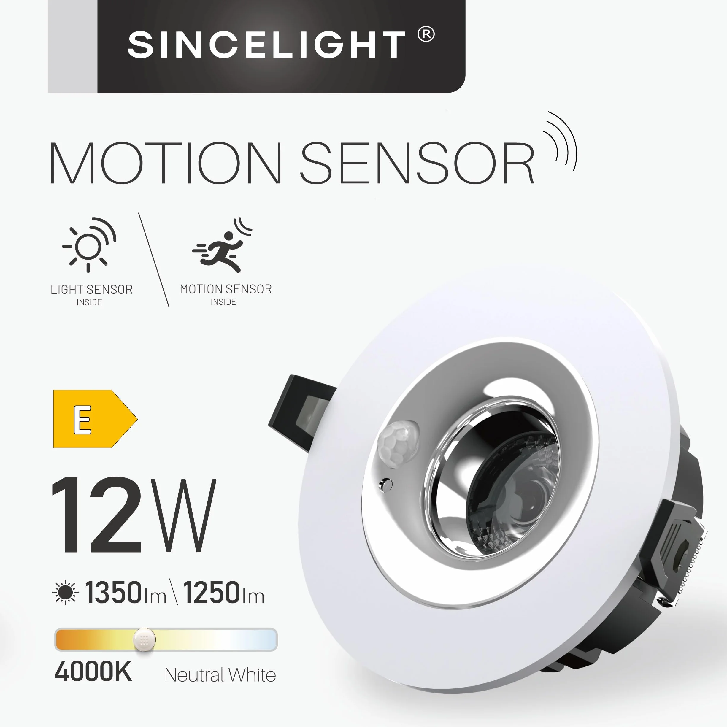 SINCELIGHT PIR Czujnik Ruchu LED Oprawa Wbudowana, 12W Wpuszczane Reflektory Sufitowe na otwory Φ75mm, Automatyczne WŁĄCZ./WYŁĄCZ., Aktywacja Ruchem, 4000K Neutralna Biel, 1 szt.