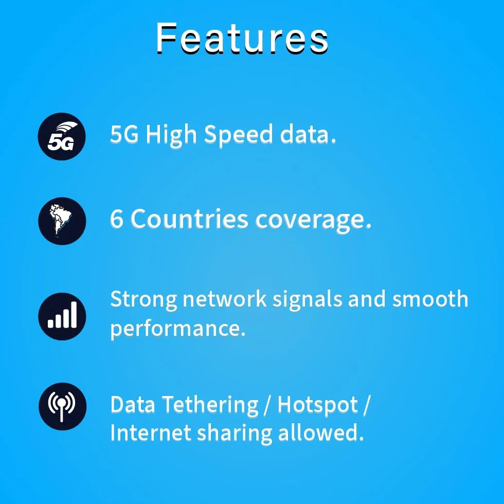 TSIM Ameryka Południowa karta SIM 30 dni 6 GB 5G/LTE Brazylia Chile Kolumbia Peru Urugwaj Kostaryka