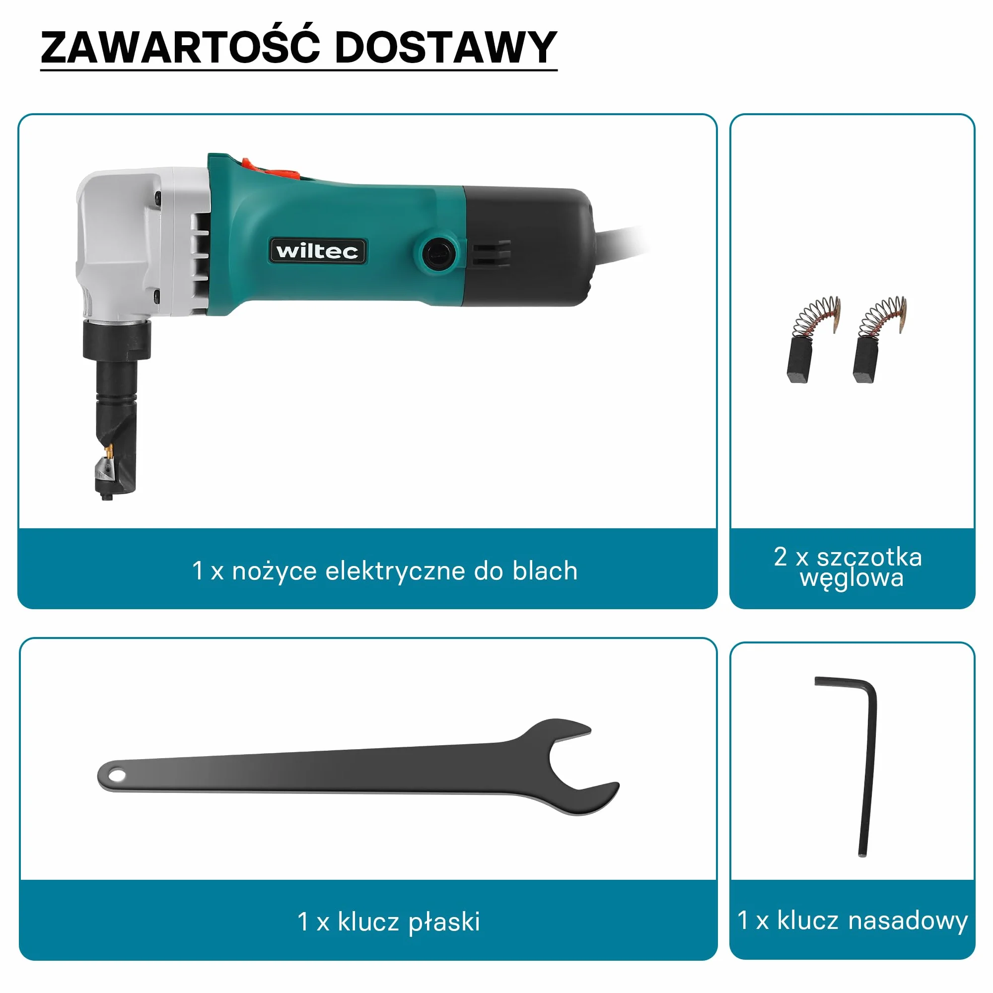 Wiltec Nożyce do blachy elektryczne 500 W, maks. głębokość cięcia 2,5 mm bez deformacji do blach prostych i falowanych, obrotowa głowica 360°