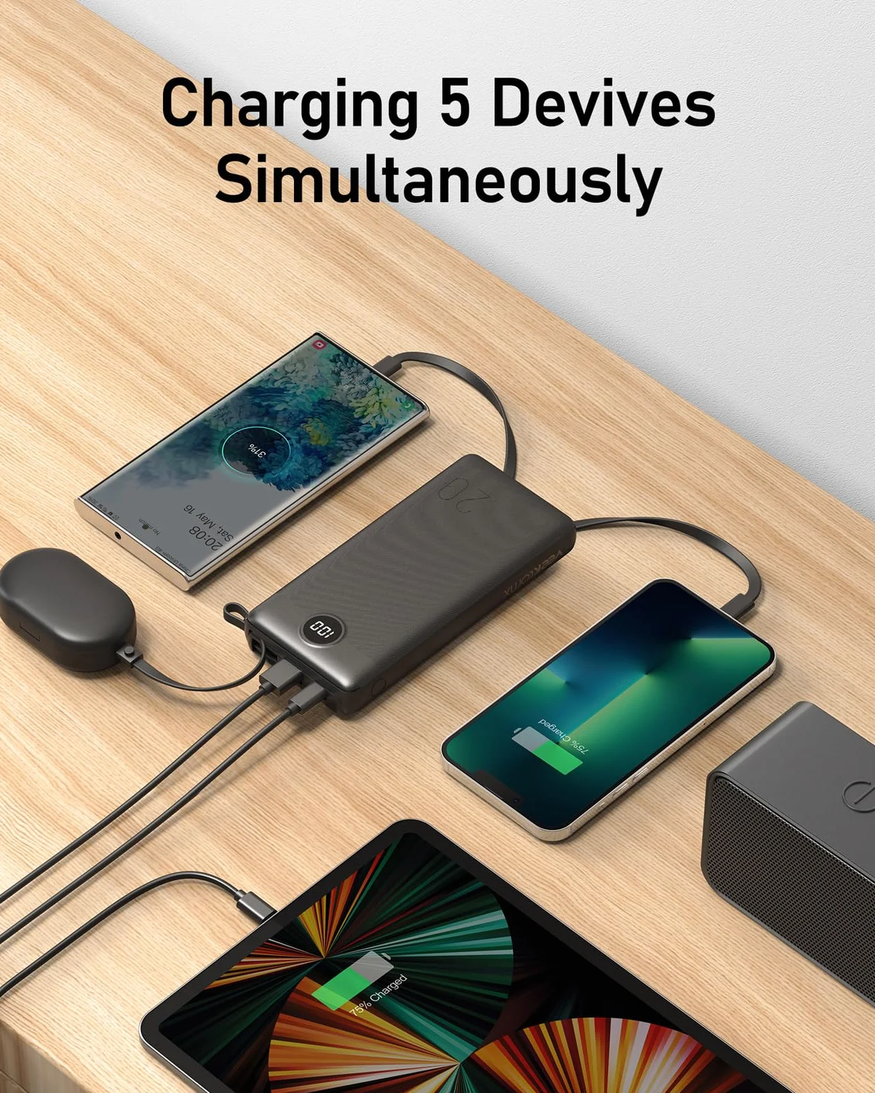 Power Bank 20000mAh z wbudowanymi kablami USB C 2.4A Szybkie ładowanie 5-wyjściowy 2-wejście LED