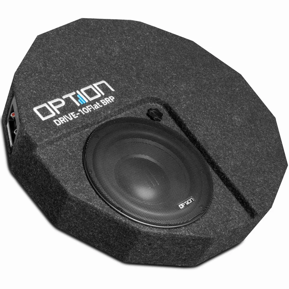 Option DRIVE10FLAT-BRP-D2 - pasywny subwoofer z kółkiem zapasowym 25 cm (300 W RMS) z podwójną cewką oscylacyjną 2 x 2 omy - płaski subwoofer o wysokości 13 cm