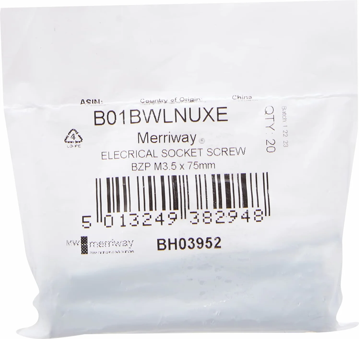 Merriway BH03952 M3,5 x 75 mm 3 cale BZP podniesiony CSK wtyczka elektryczna przełącznik maszynowa śruba - 20 sztuk