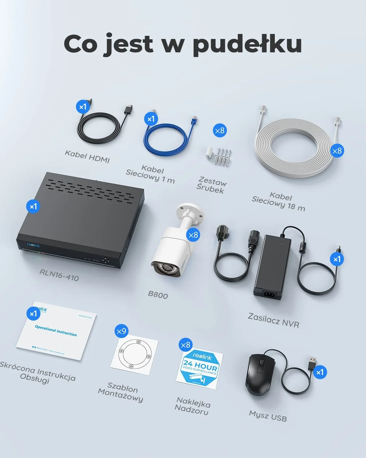 Reolink System kamer monitoringu 4K PoE CCTV Ultra HD, inteligentne wykrywanie osób/pojazdów, 8X kamery IP 8MP PoE, NVR 16 kanałów 4TB HDD do ciągłego nagrywania, noktowizja, RLK16-800B8-A