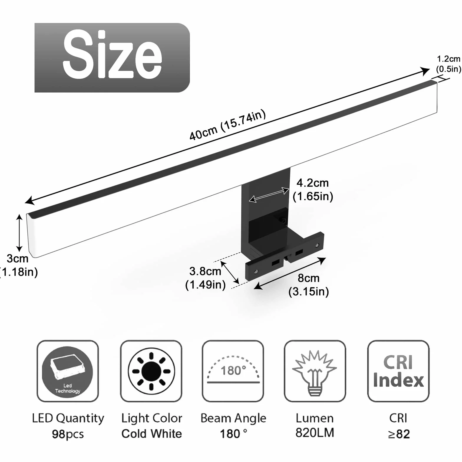 LED oświetlenie lustra łazienkowego 10W 820LM, 40cm kinkiet lampa lustrzana z neutralną bielą 6000k,3 w 1 230V oświetlenie lustra szafki łazienkowej IP44 wodoodporny czarny