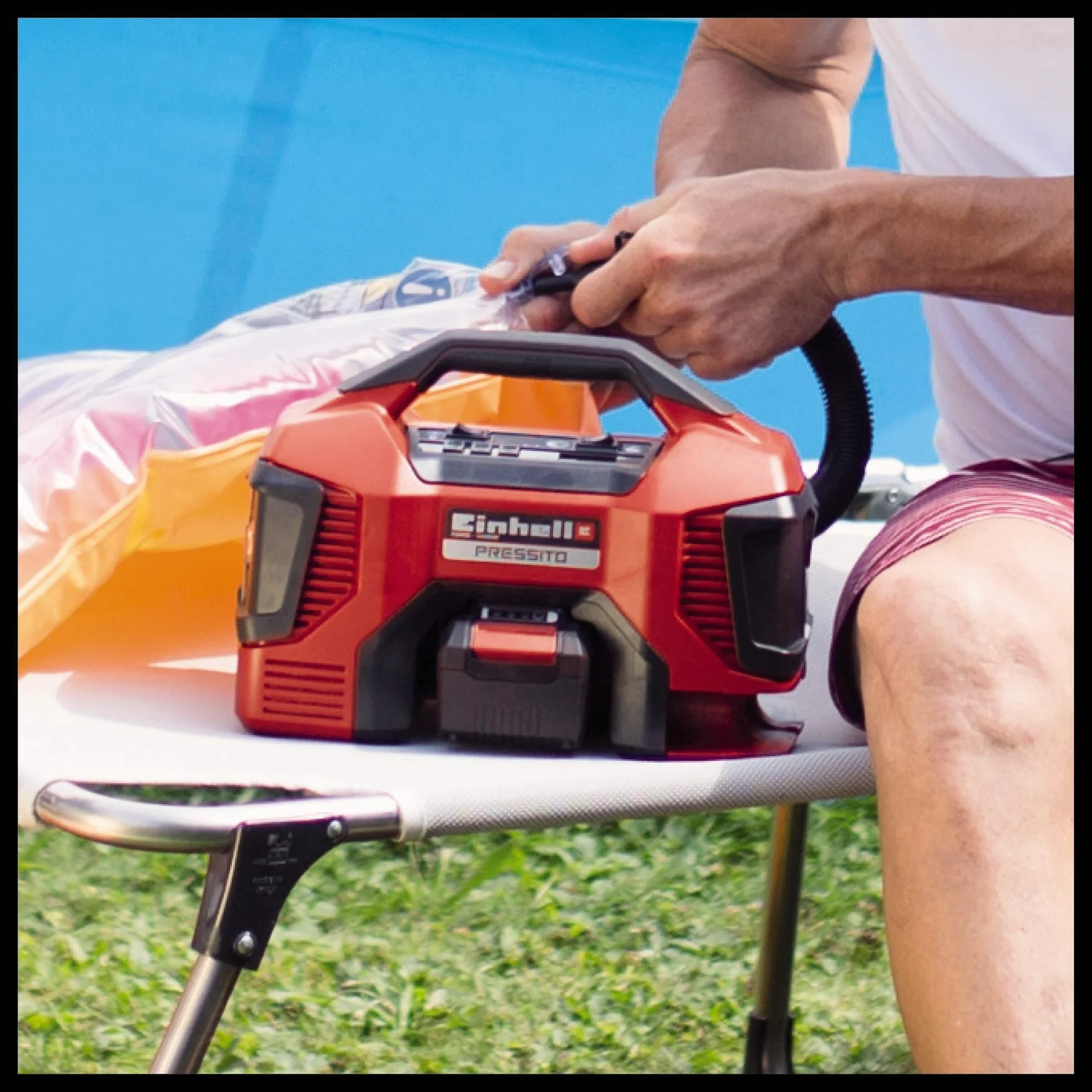 Einhell Kompresor akumulatorowy PRESSITO Power X-Change (Li-ion, 18/230 V, maks. 11 bar, długość węża 71 cm, funkcja hybrydowa, w tym 3-częściowy zestaw adapterów, bez akumulatora i ładowarki)