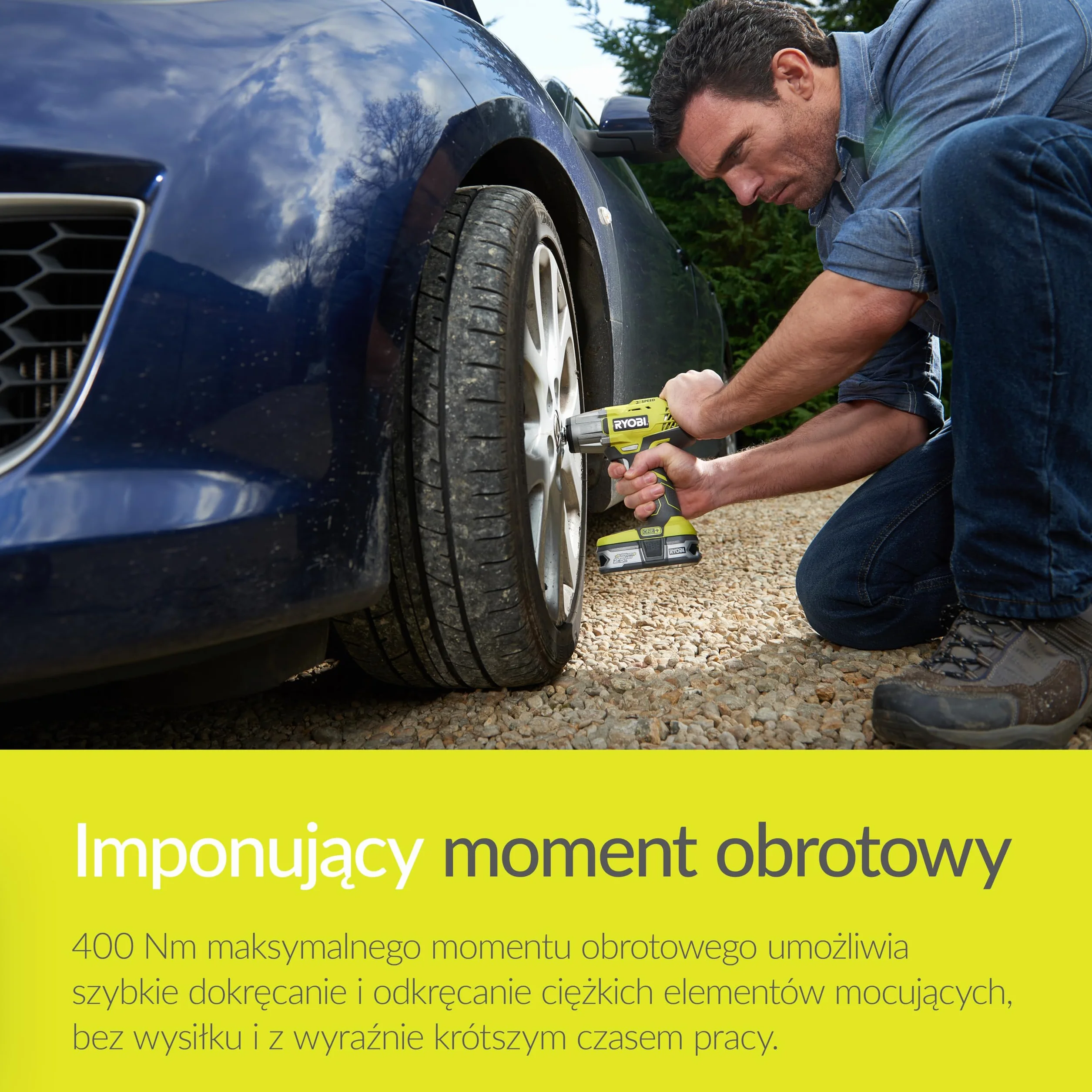 Ryobi Akumulatorowy Klucz Udarowy R18IW3-0, 18 V, 400 Nm, Uchwyt 1/2", 3 Ustawienia Prędkości, Światło LED