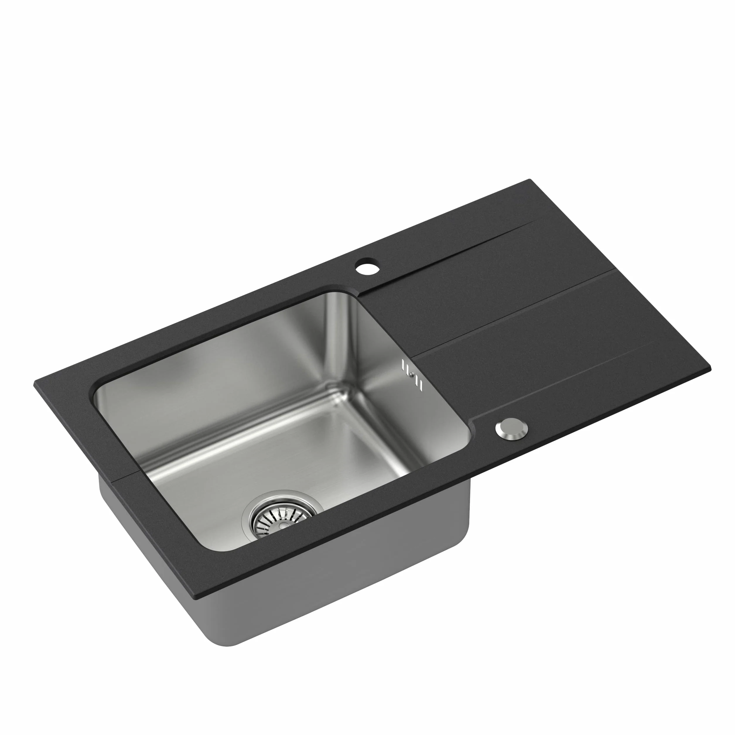 QUADRON | Zlewozmywak EDWARD granitowy jednokomorowy | zlew | zaślepka i odopływ w zestawie | pasuje do szafki minimum 50 cm | wpuszczamy | (CZARNY)