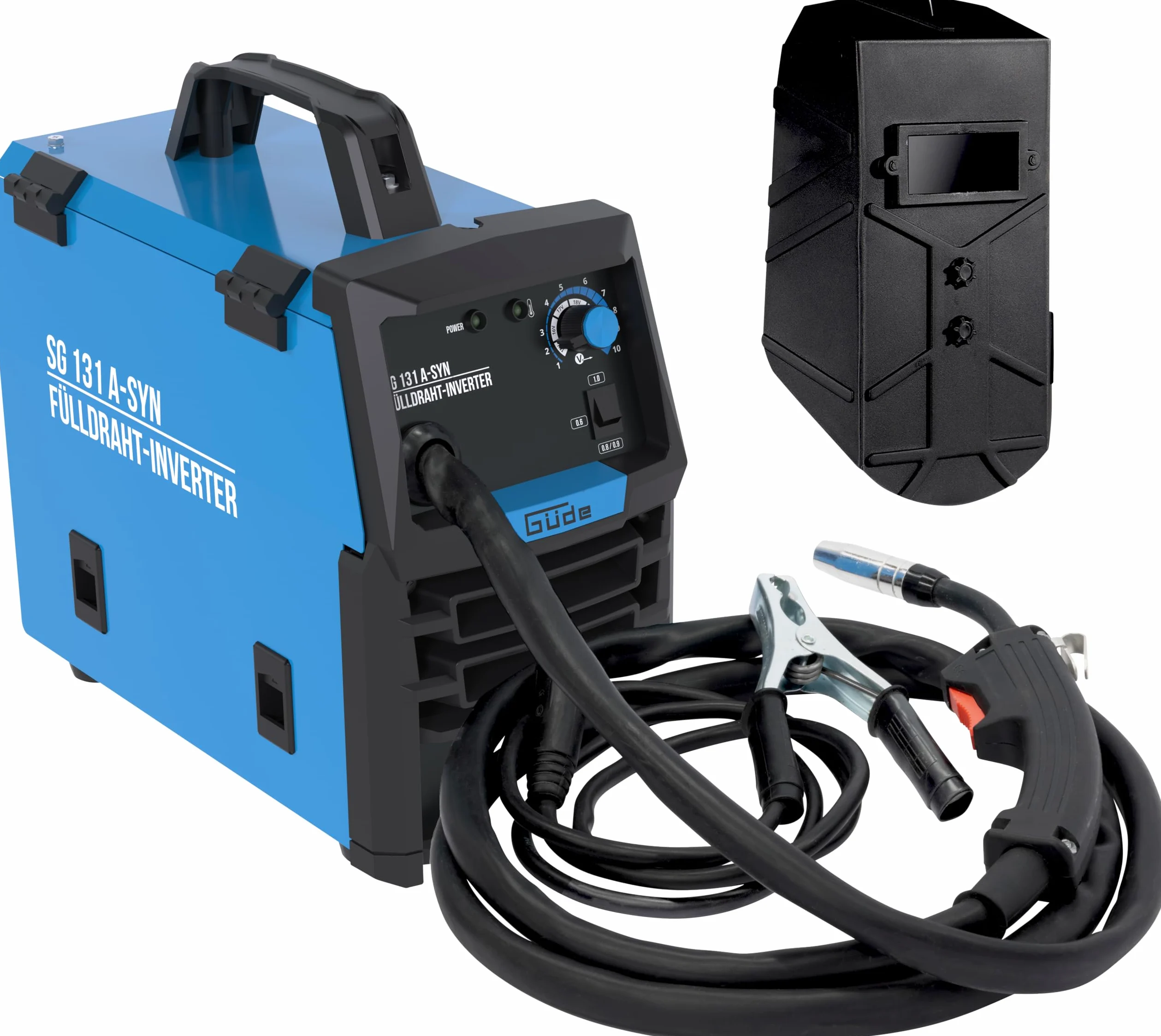 Güde Spawarka do drutu napełniającego SG 131 A-SYN (230 V, technologia inwerterowa, do drutu 9 mm, maks. natężenie prądu 120 A, w zestawie osłona spawalnicza, pakiet węży, drut wypełniający, młotek