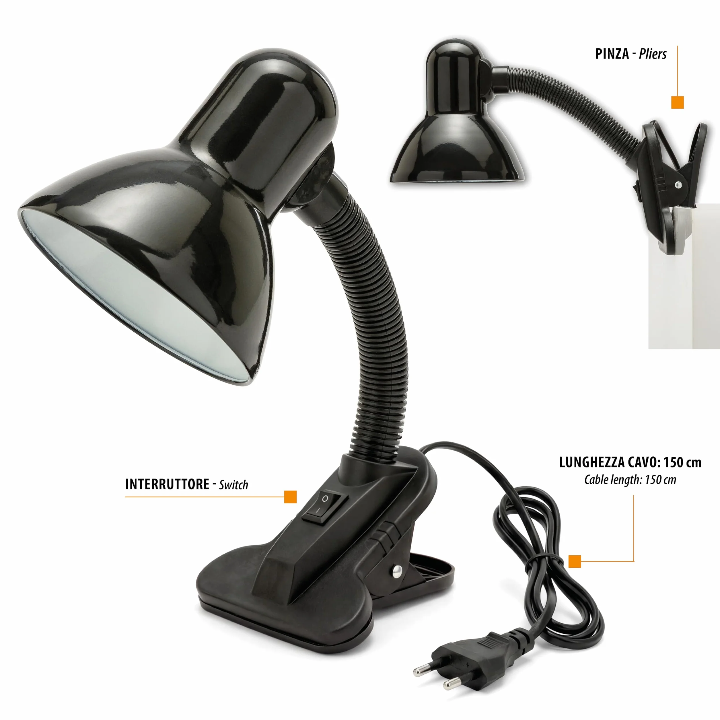 Velamp Lampa z klipsem, E27, kompatybilna z LED, elastyczne ramię, z kablem i przełącznikiem, do pokoju dziecięcego, biurka, metalu, 6 W, czarna