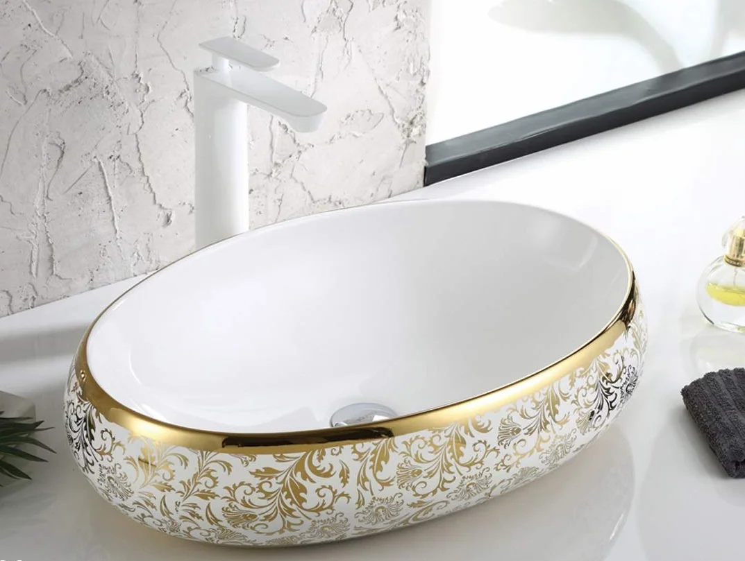 InArt Nowoczesny owalny kształt nad blatem ceramiczna umywalka / łazienka toaletka / umywalka umywalka / umywalka zlewozmywak / umywalka na zlewozmywak 600 x 400 x 150 mm (złoty biały liść)